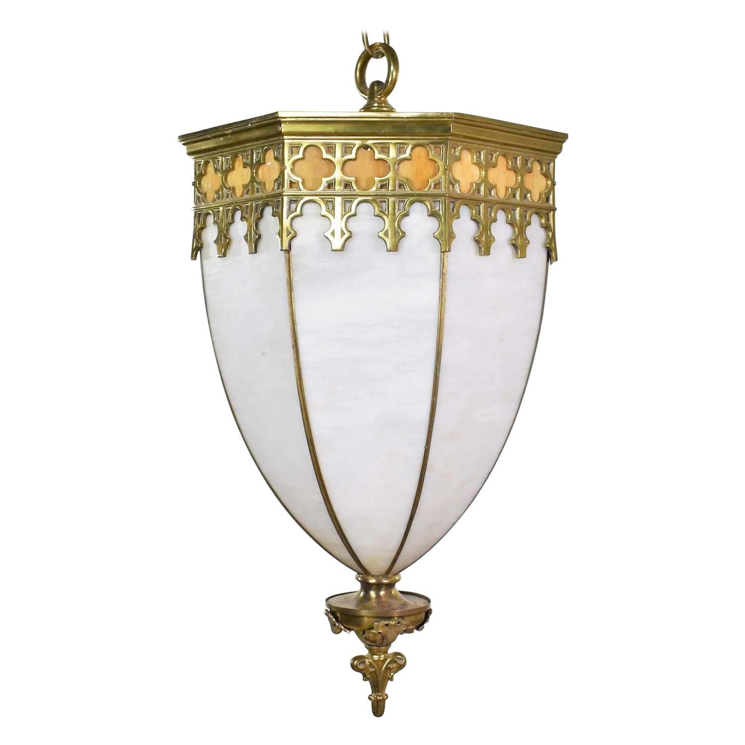 Antique Gothic Style Slag Glass & Brass Octagon Chandelier Pendant Light, 2 Avai