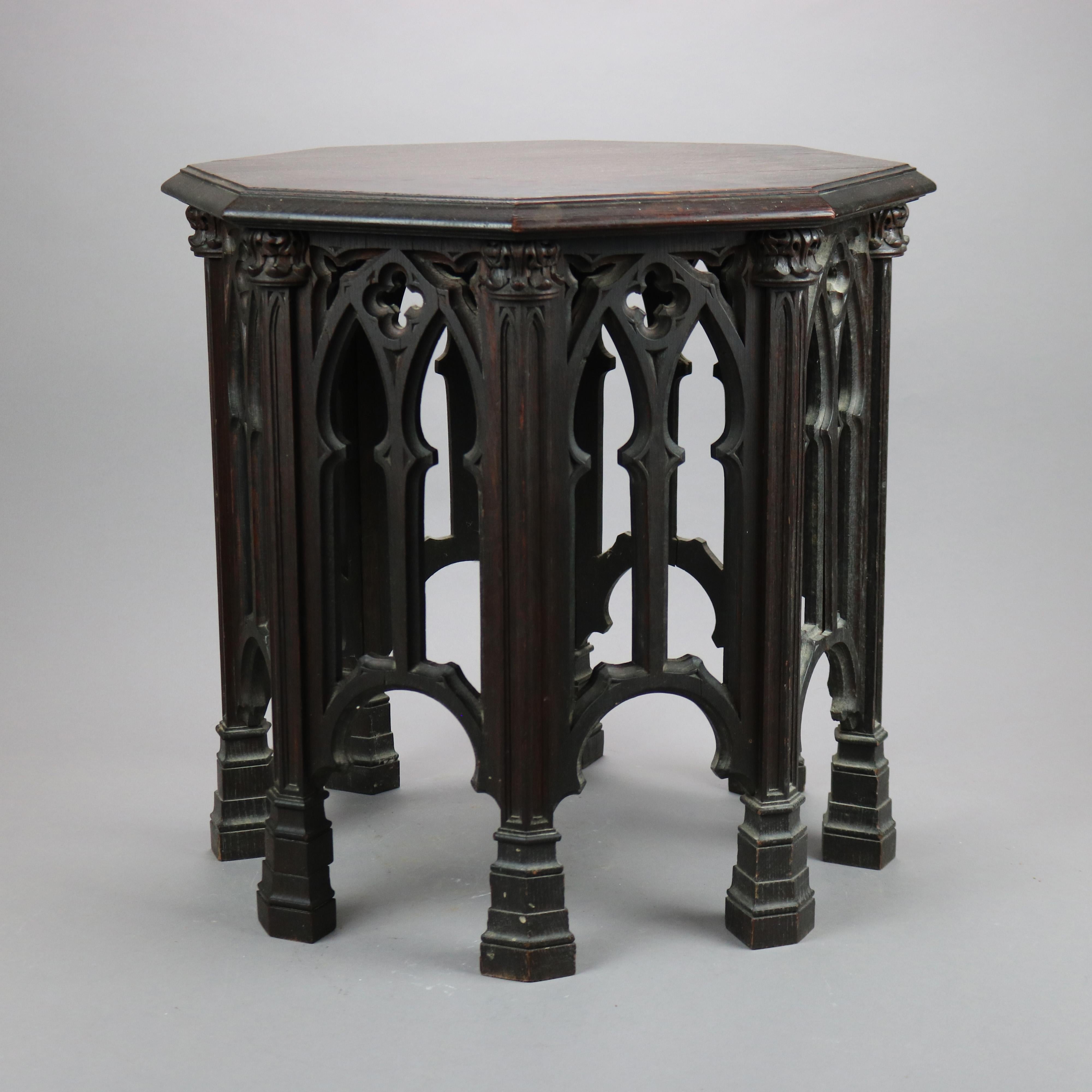 Antique Gothic Tabouret Carved Oak Side Table, Octagonal, Circa 1910 In Good Condition In Big Flats, NY