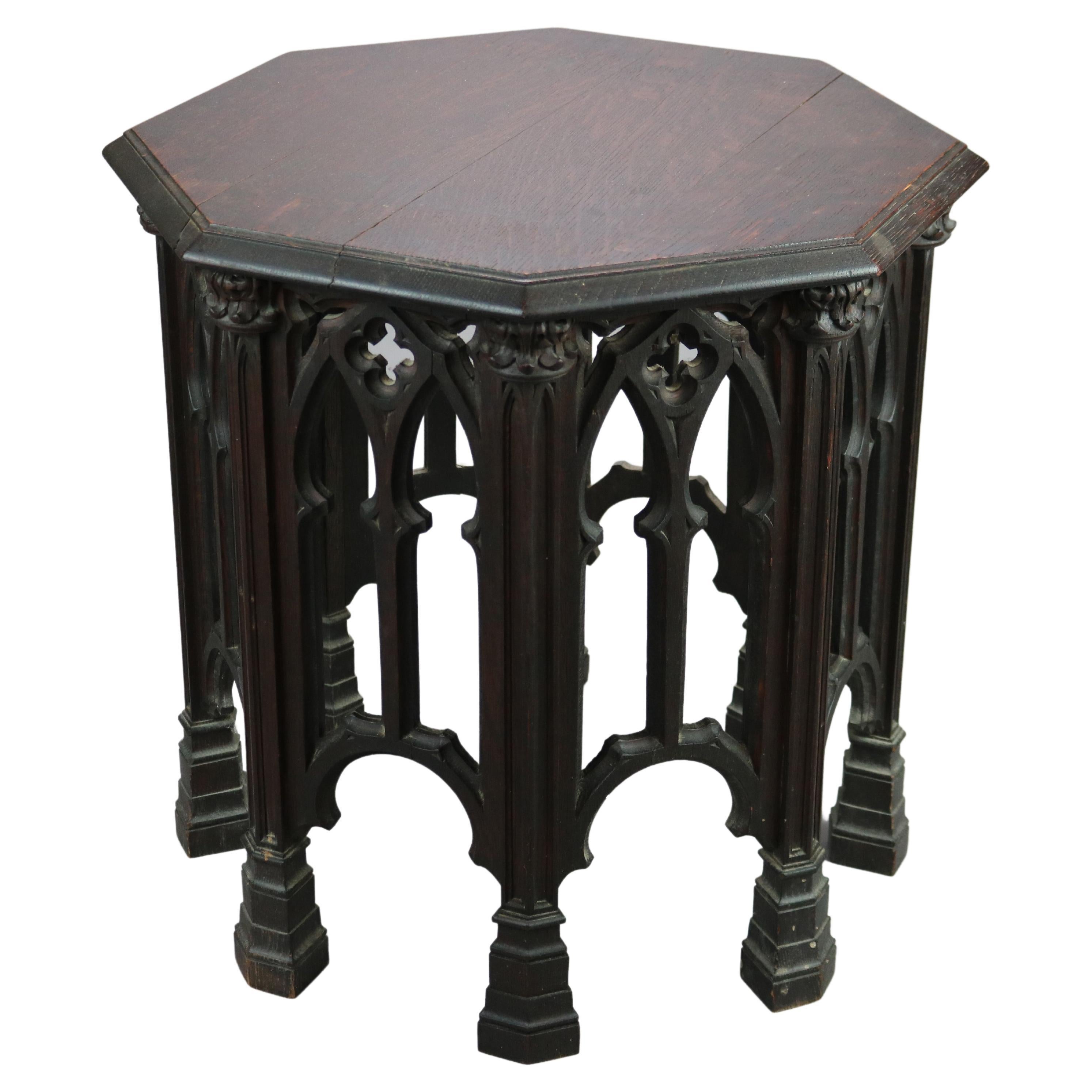 Antique Gothic Tabouret Carved Oak Side Table, Octagonal, Circa 1910