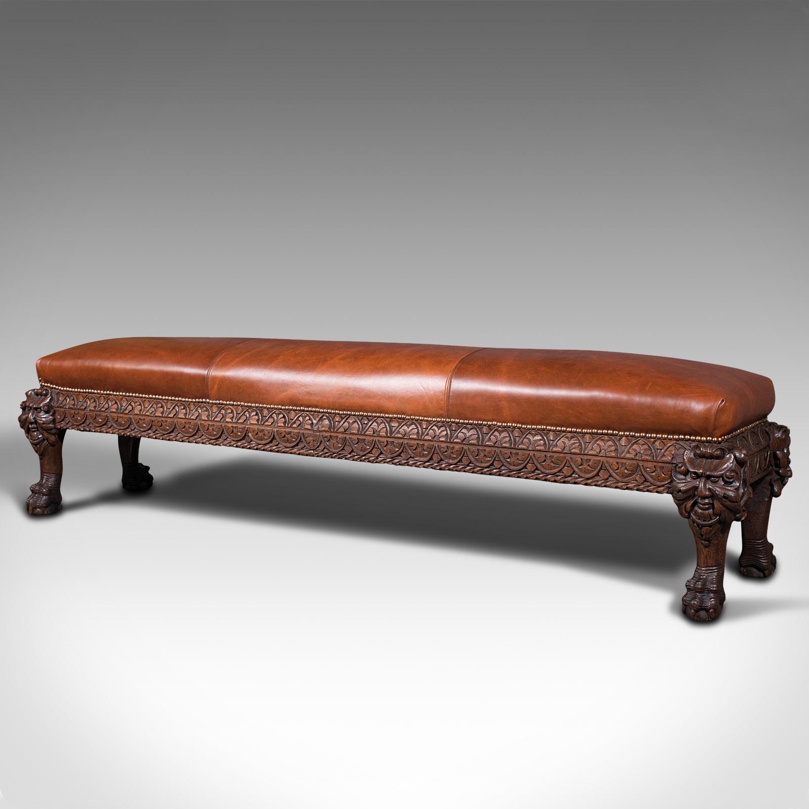 Antique Gothic Window Seat, Italian, Oak, Leather, Bench, Hall, Pew, Victorian In Good Condition In Hele, Devon, GB
