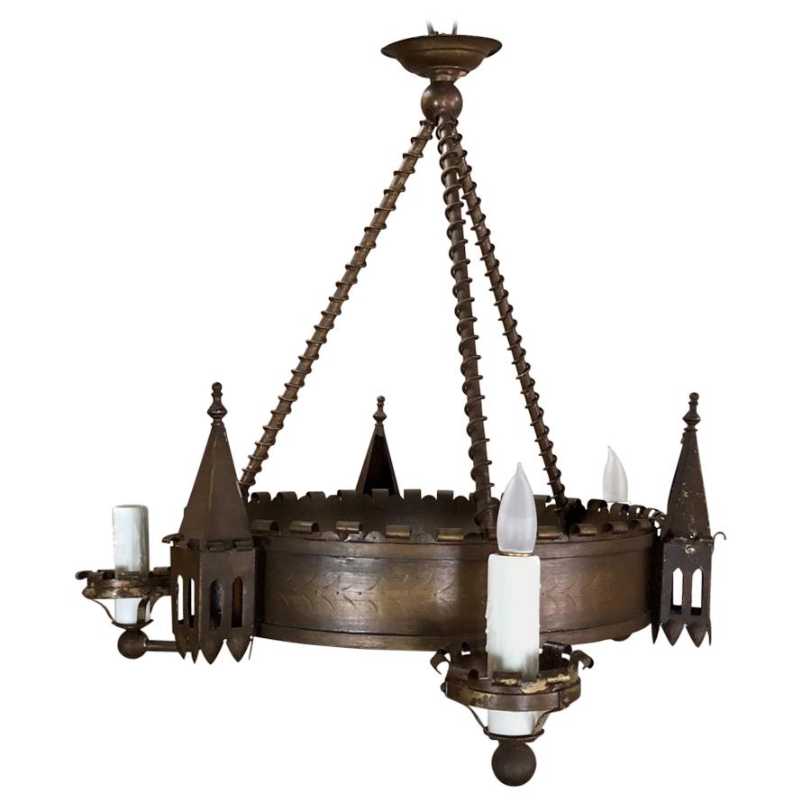 Antique Gothic Wrought Iron Chandelier For Sale