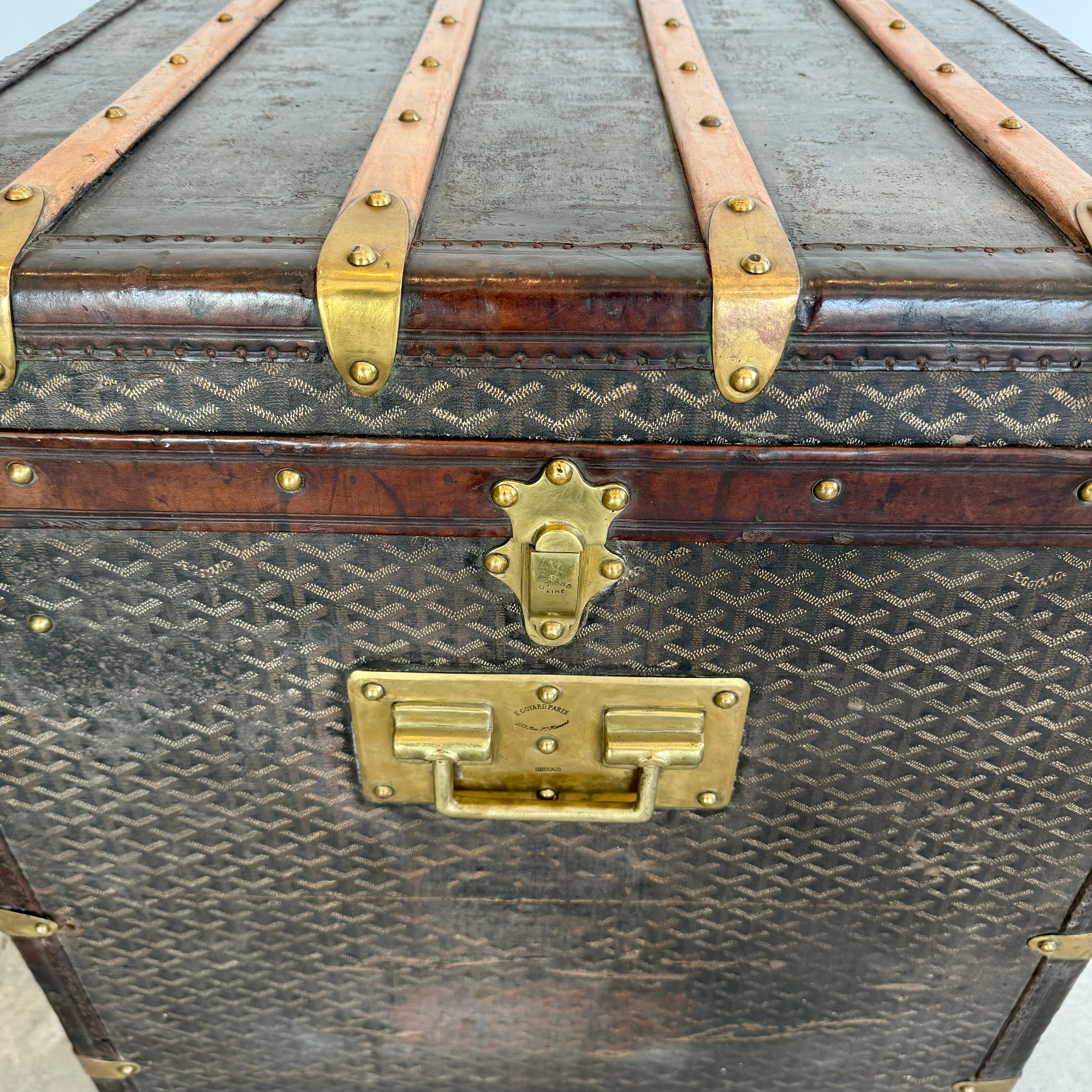 Antique Goyard Leather, Canvas and Brass Steamer Trunk For Sale 5