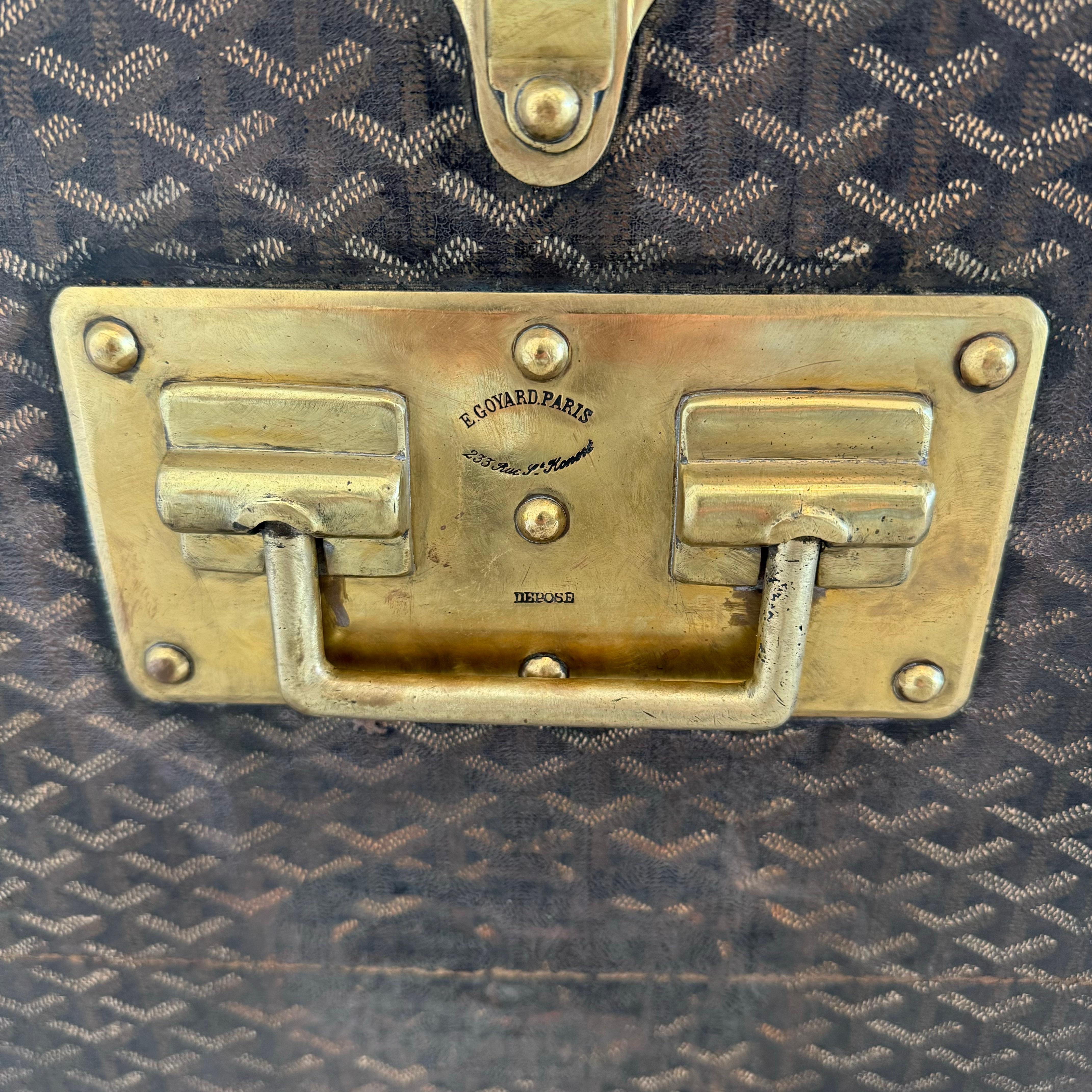 Antique Goyard Leather, Canvas and Brass Steamer Trunk For Sale 11