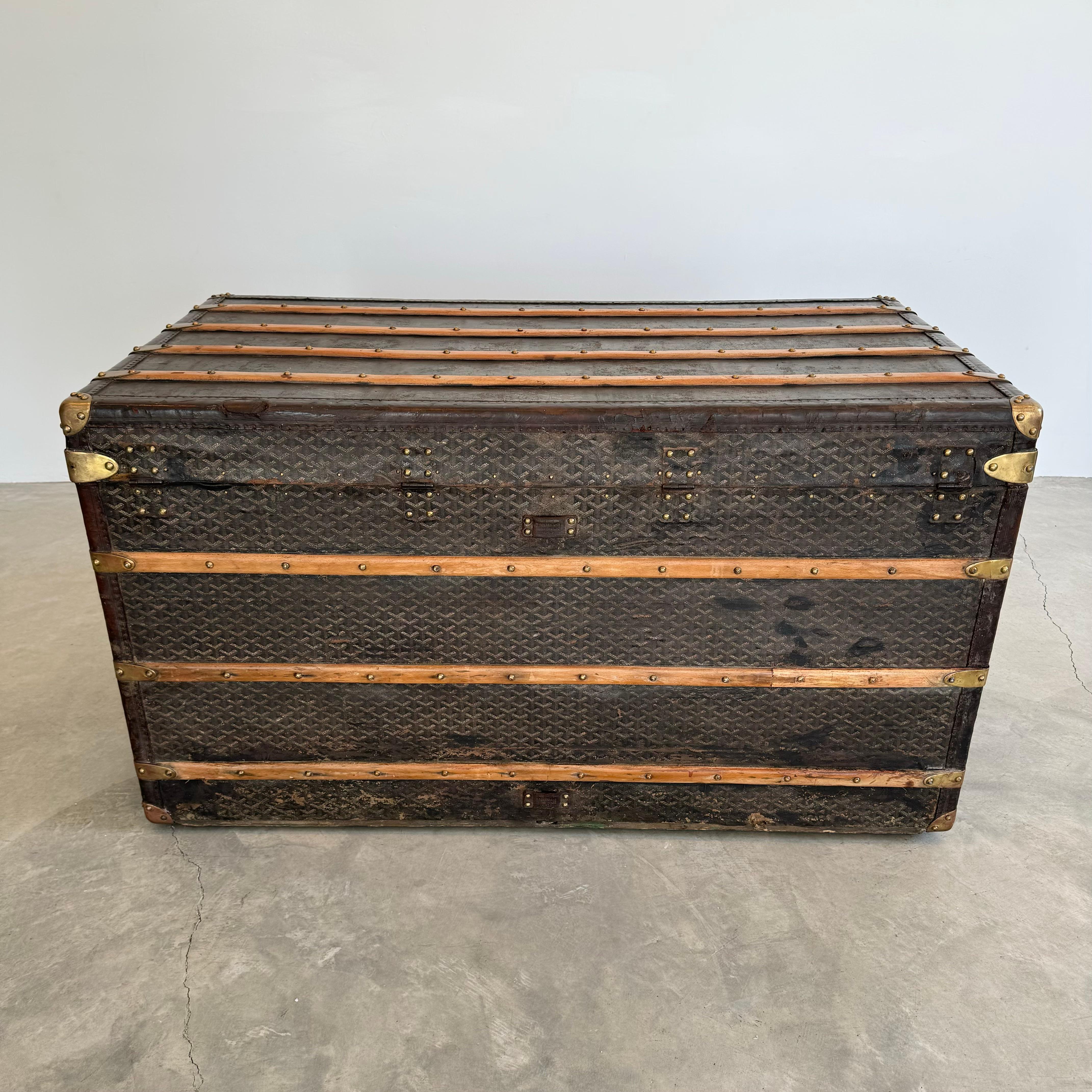 Black Antique Goyard Leather, Canvas and Brass Steamer Trunk For Sale