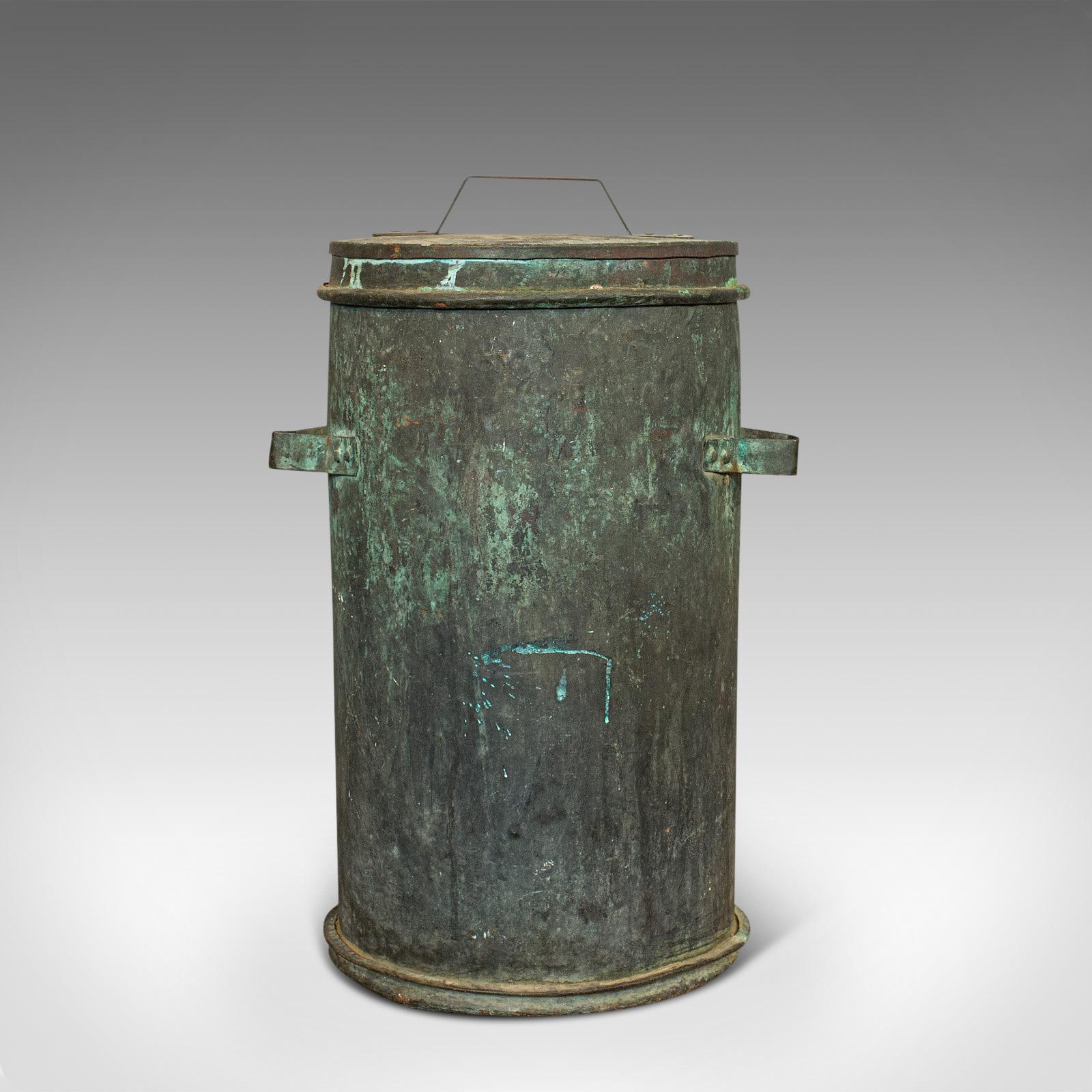 This is an antique grain bin. A French, copper farmhouse silo or fireside bucket, dating to the late Victorian period, circa 1890.

Superb French antique
Displays a desirable aged patina
Copper shows delightful weathering with eye-catching green