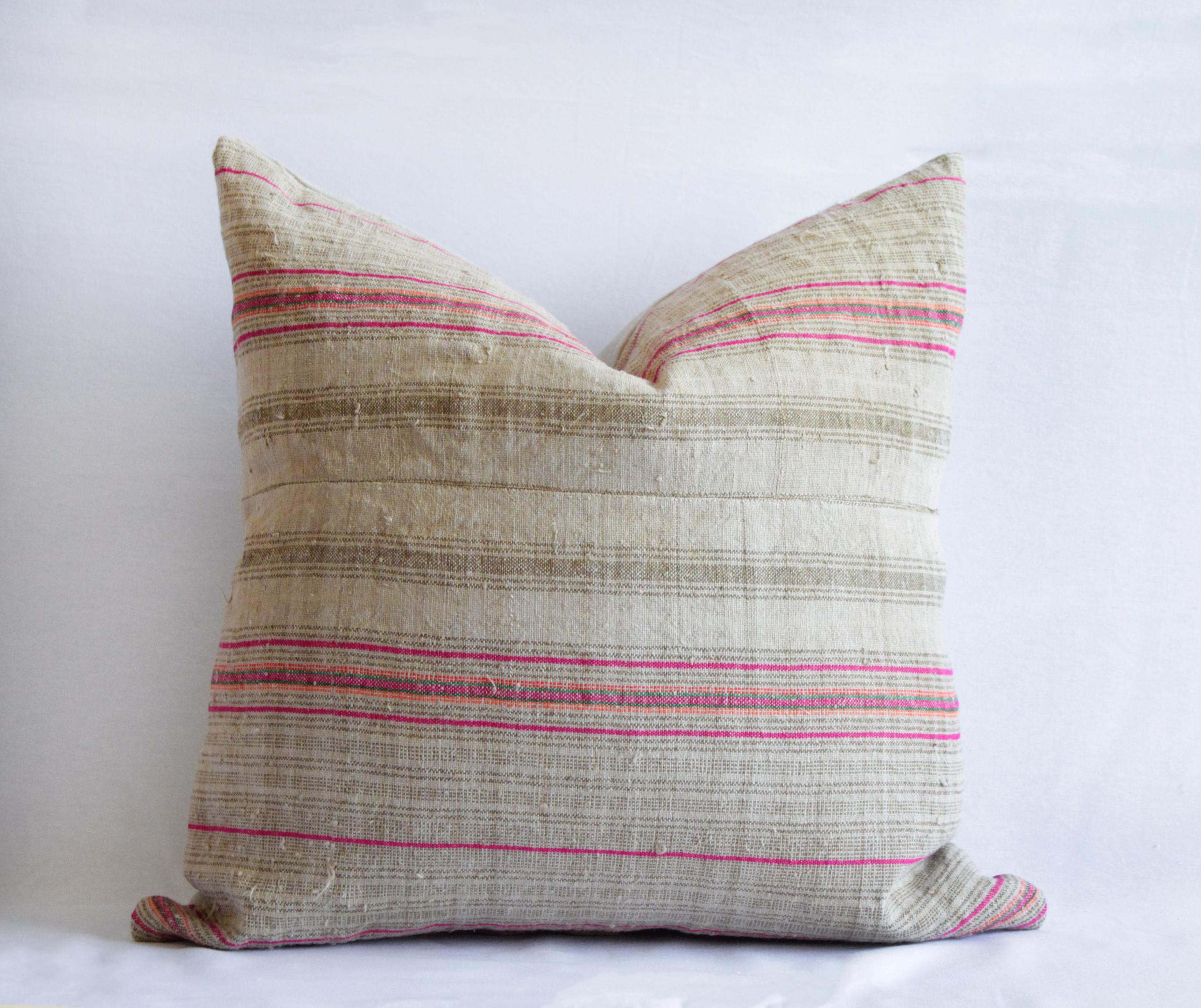 North American Antique Grainsack Linen Stripe Pillows in Natural Tones with Pink Stripes