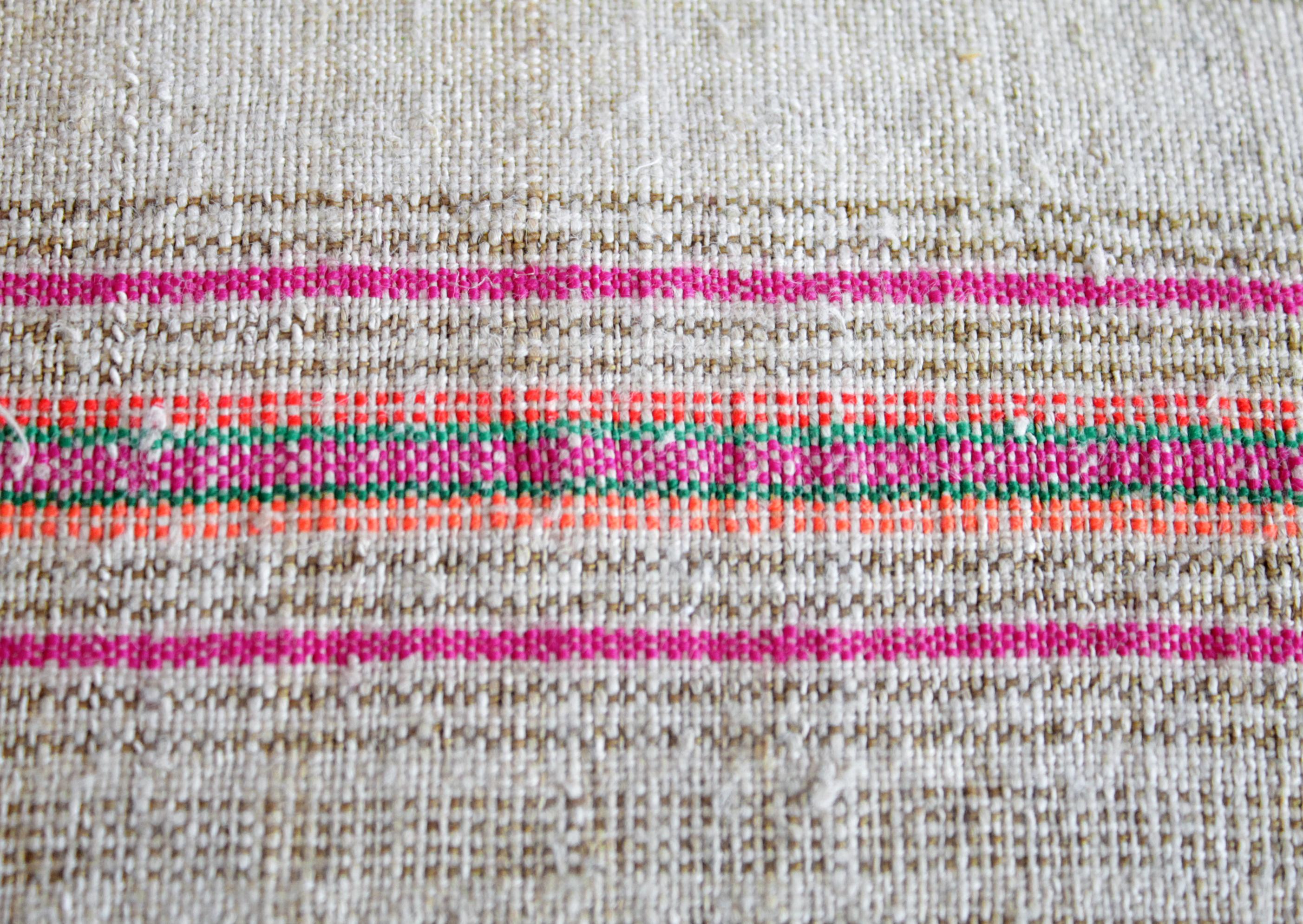 Contemporary Antique Grainsack Linen Stripe Pillows in Natural Tones with Pink Stripes