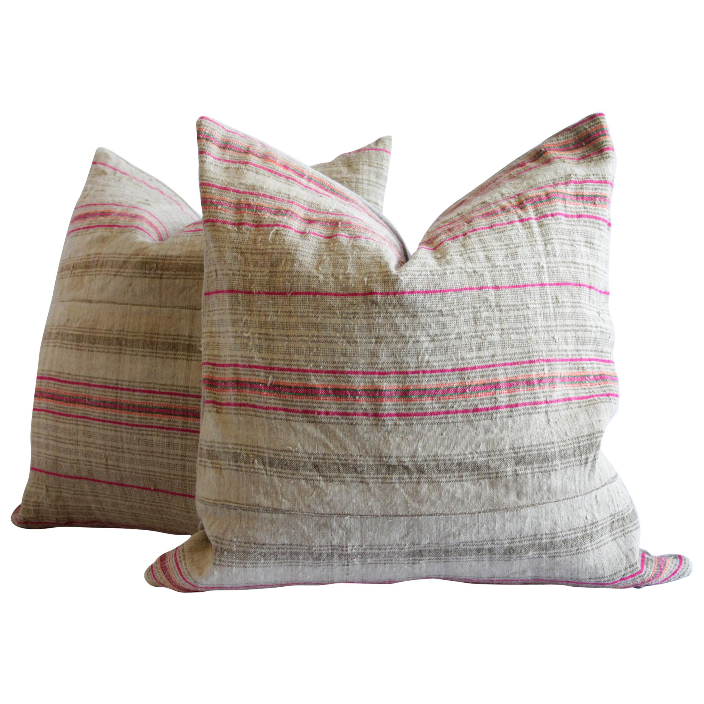 Antique Grainsack Linen Stripe Pillows in Natural Tones with Pink Stripes