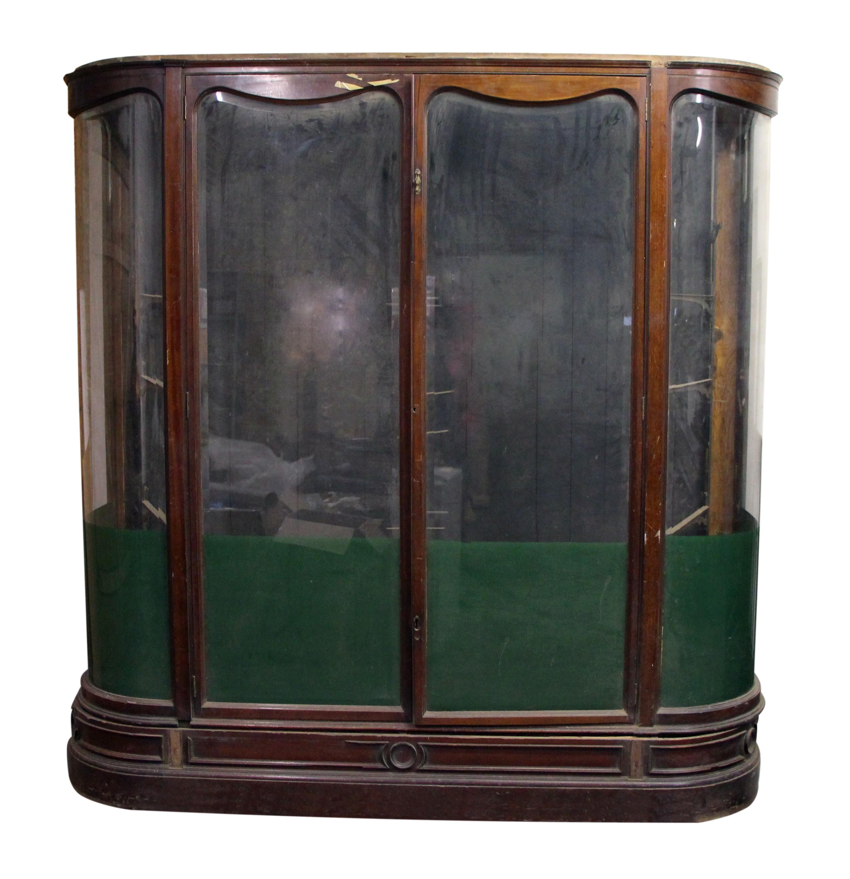 Beveled Antique Grand English Showcase w Original Curved Glass