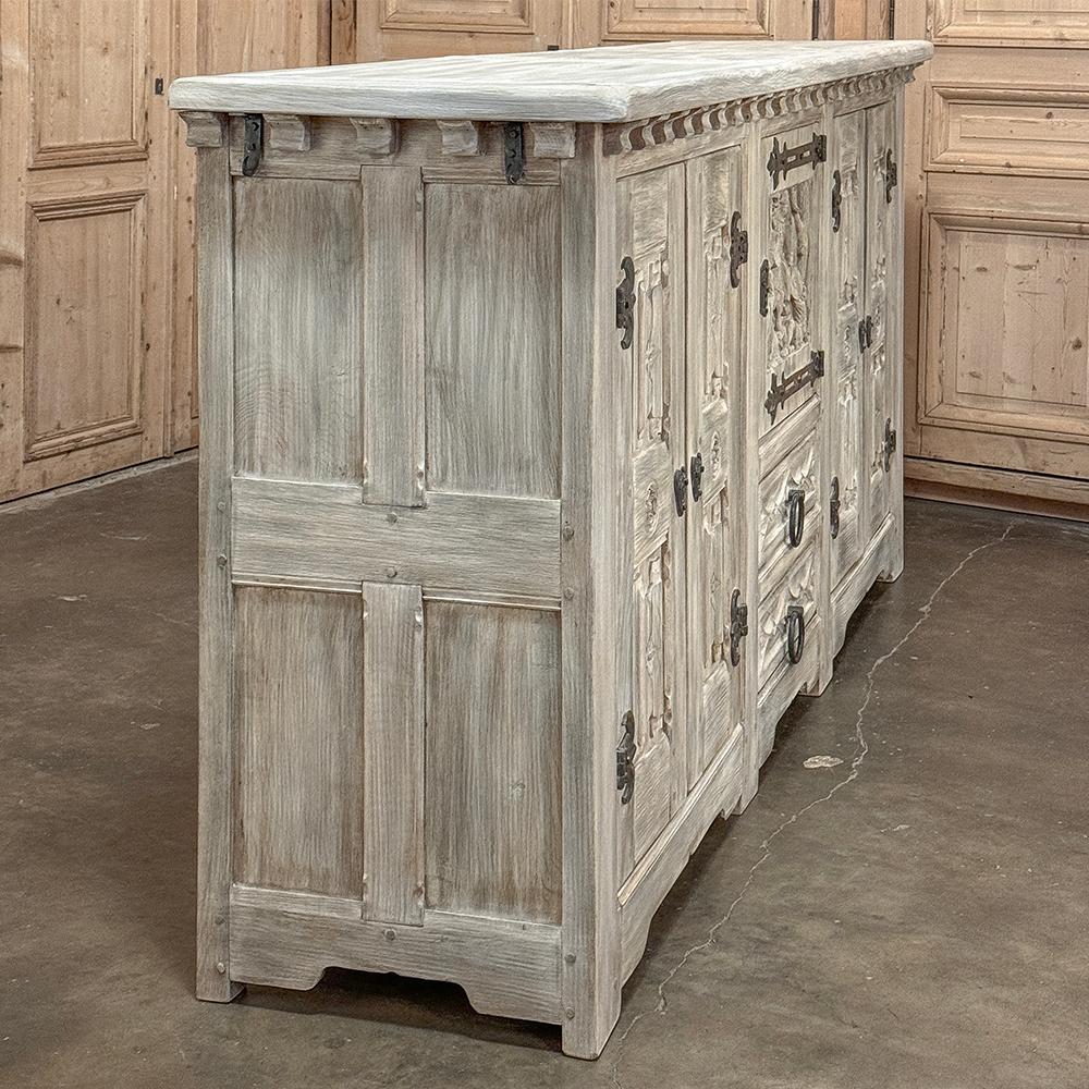 Antique Grand Gothic Rustic Whitewashed Buffet For Sale 10