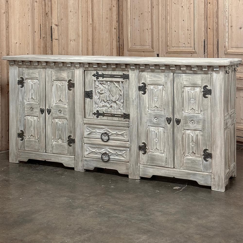Antique Grand Gothic Rustic Whitewashed Buffet was fashioned from thick planks & timbers of solid oak to last for centuries!  Subtle Gothic influence in the carvings of the panels provides just the right Old World masculine touch, with cast iron