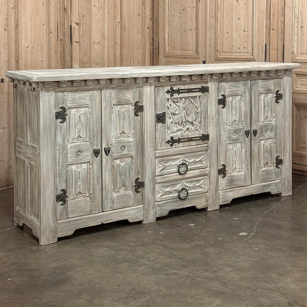 Gothic Revival Antique Grand Gothic Rustic Whitewashed Buffet For Sale