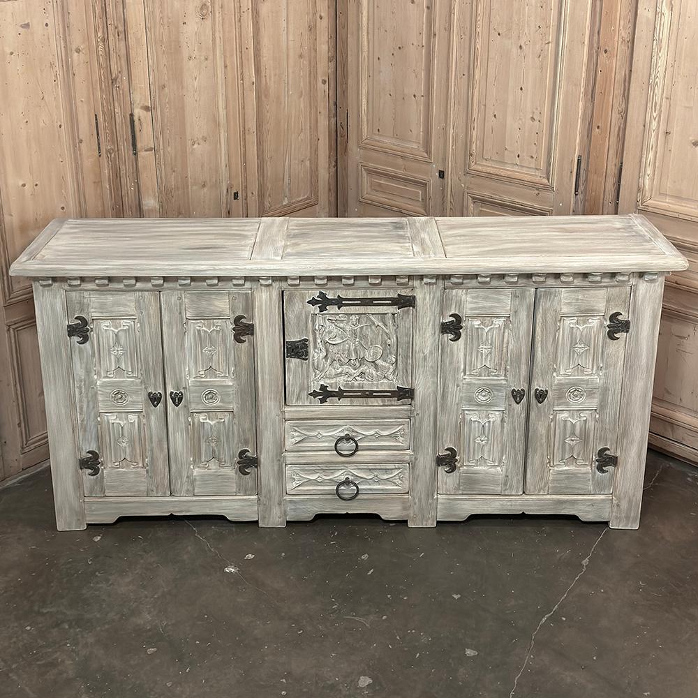 French Antique Grand Gothic Rustic Whitewashed Buffet For Sale