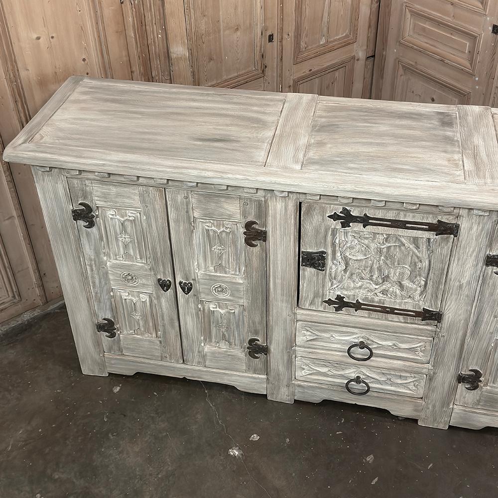 Hand-Carved Antique Grand Gothic Rustic Whitewashed Buffet For Sale