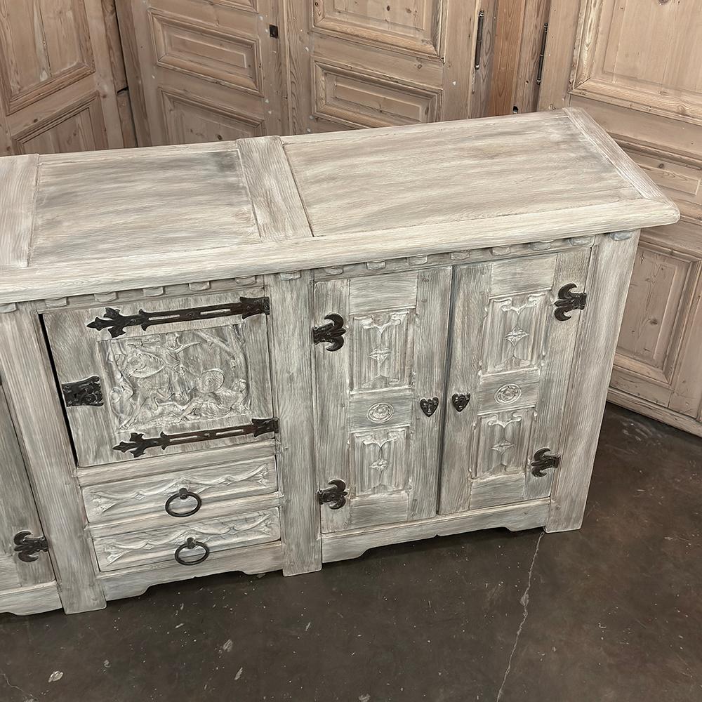 Antique Grand Gothic Rustic Whitewashed Buffet In Good Condition For Sale In Dallas, TX