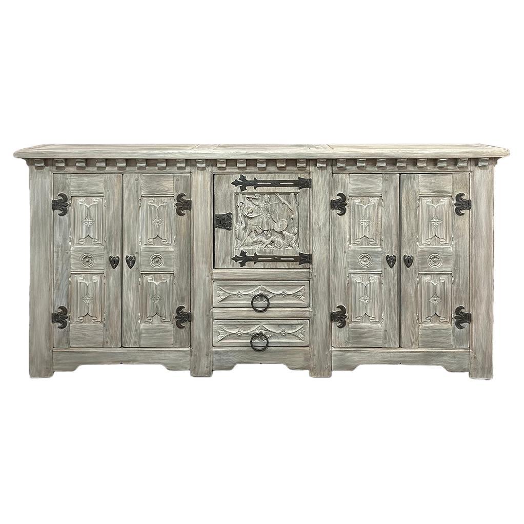 Antique Grand Gothic Rustic Whitewashed Buffet For Sale