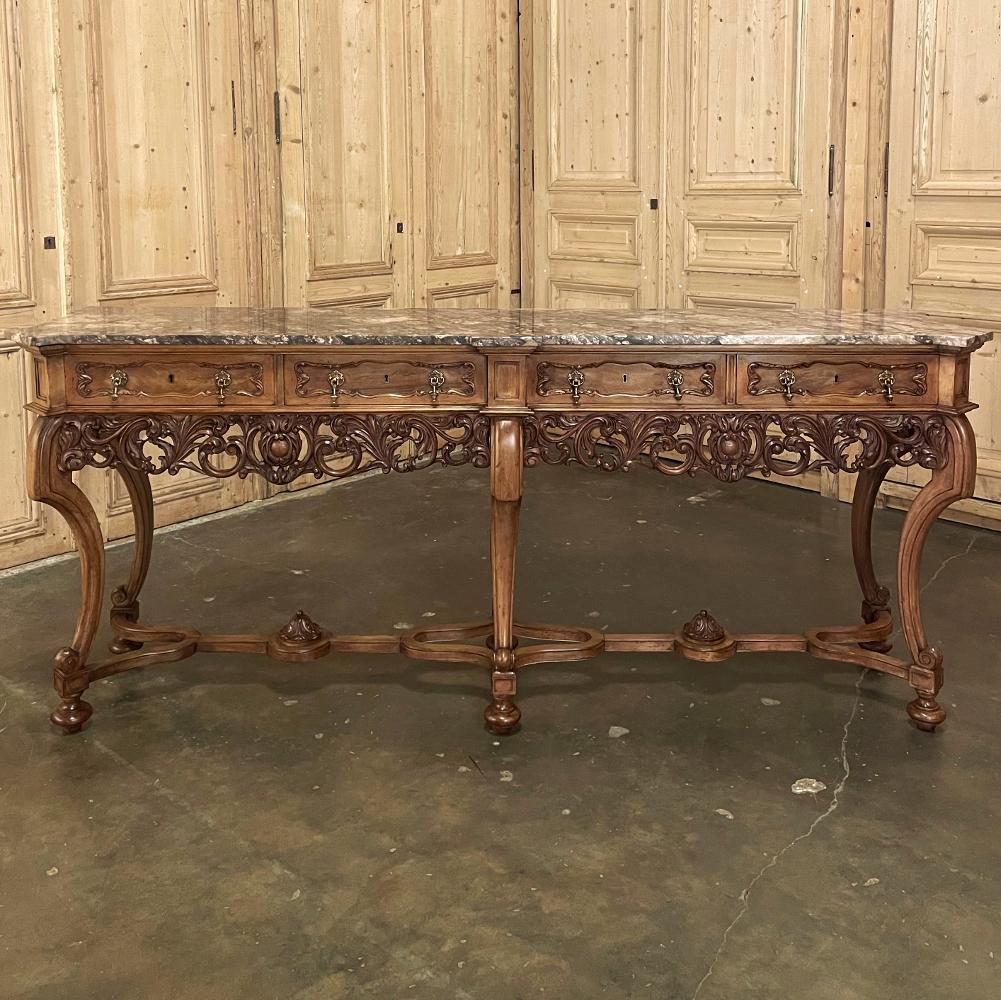 Hand-Carved Antique Grand Italian Baroque Marble Top Console or Sofa Table For Sale