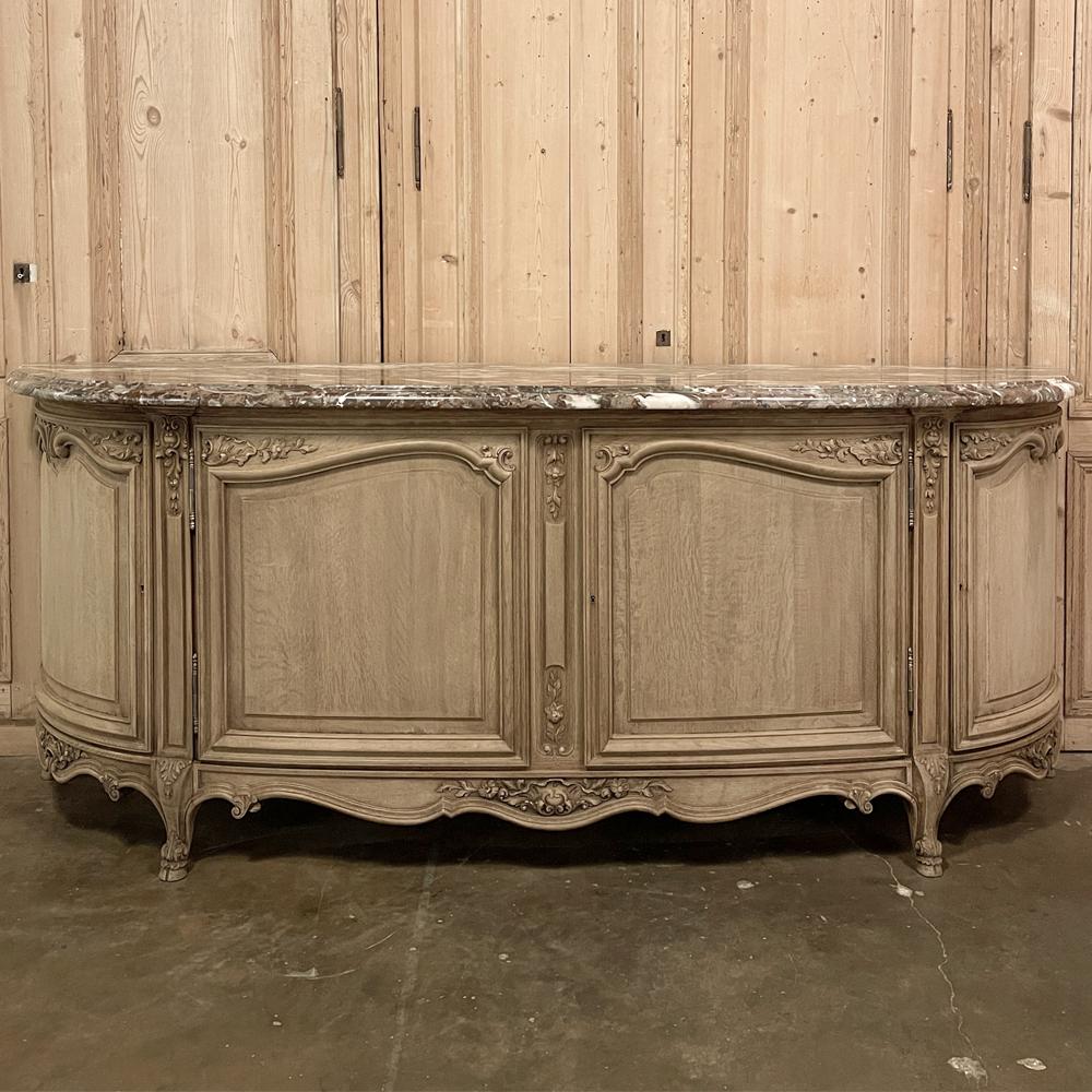 Antique Grand Louis XIV demilune marble top buffet ~ Credenza is a marvel of the cabinetmaker's art! The entire facade, from wall to wall, is one grandly executed demilune curvature, accentuated by the 4cm variegated marble top finished with a