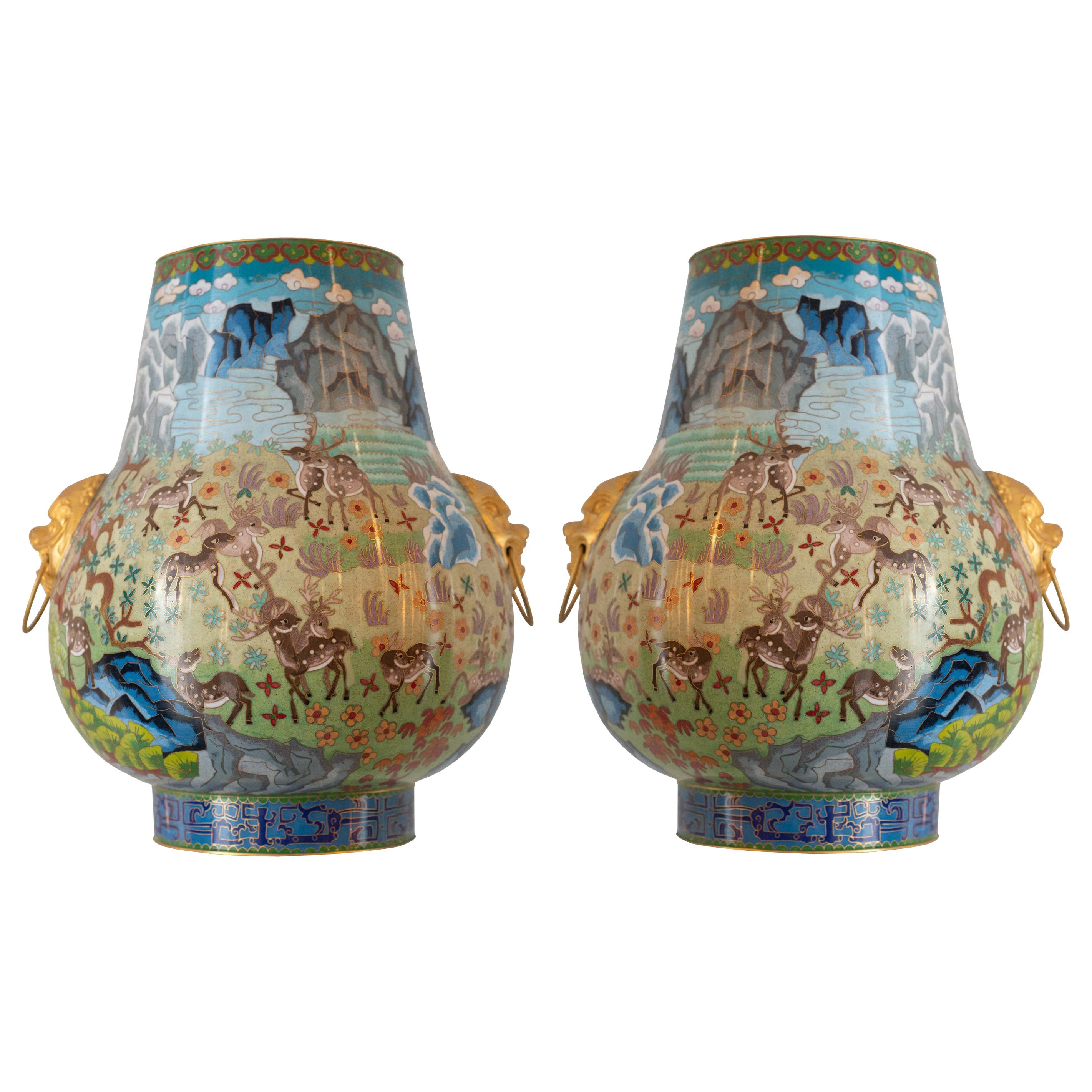 Antique Grand Pair of Cloisonné Urns with Woodland Scene