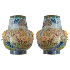 Antique Grand Pair of Cloisonné Urns with Woodland Scene