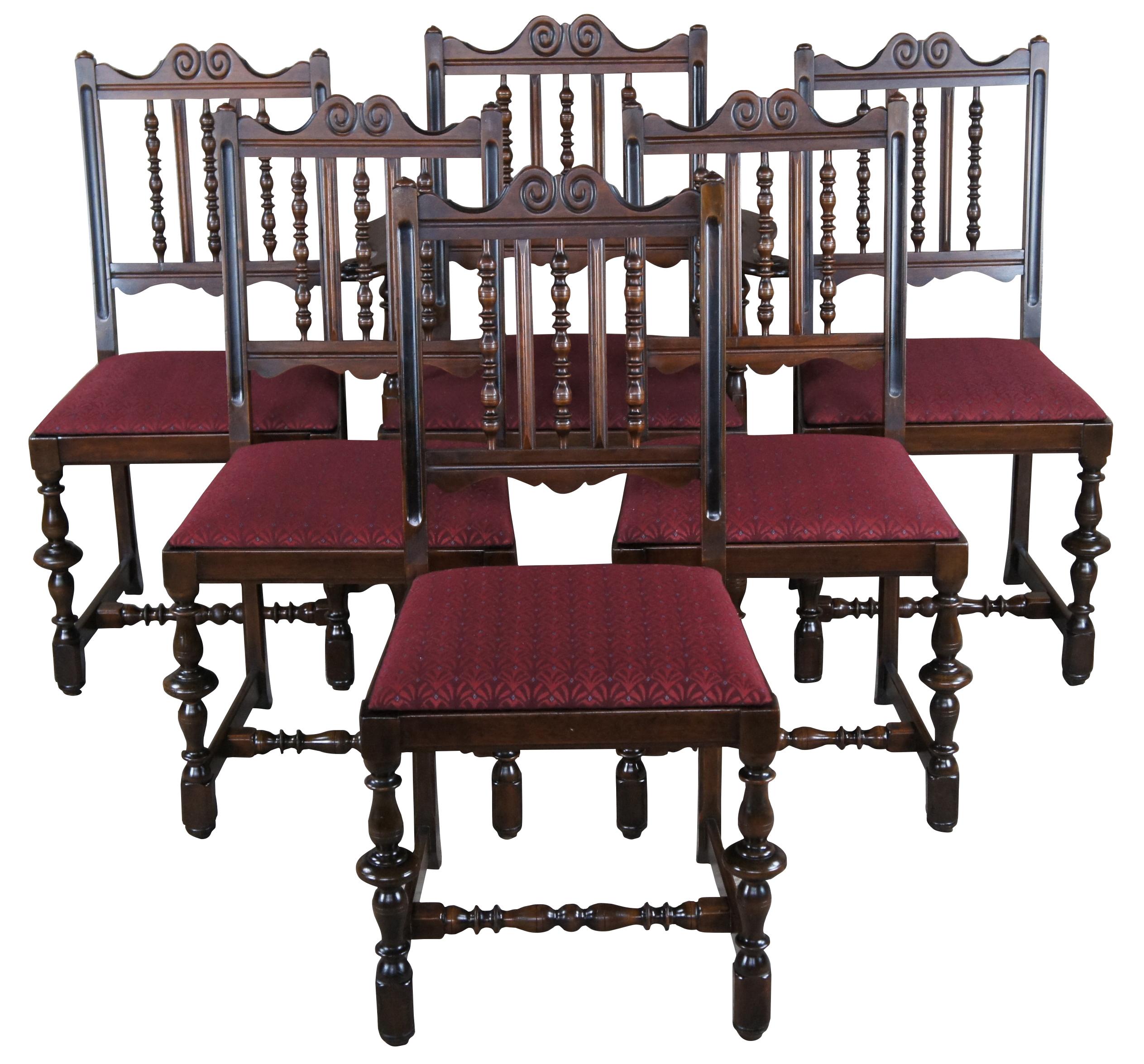 #36243

Antique Grand Rapids Chair Company dining room set, circa 1910-20s. Drawing inspiration from William & Mary and Jacobean styling. Made from walnut with burled panels, scrolled accents and beautifully turned supports. Includes; China Hutch,