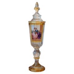 Ancienne jarre / boîte en cristal de Bohème Moser à grande échelle peinte à la main avec couvercle