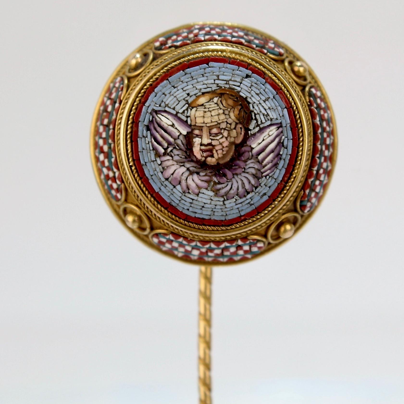 Antique Grand Tour 18 Karat Gold Etruscan Revival Micromosaic Stick Pin In Good Condition In Philadelphia, PA