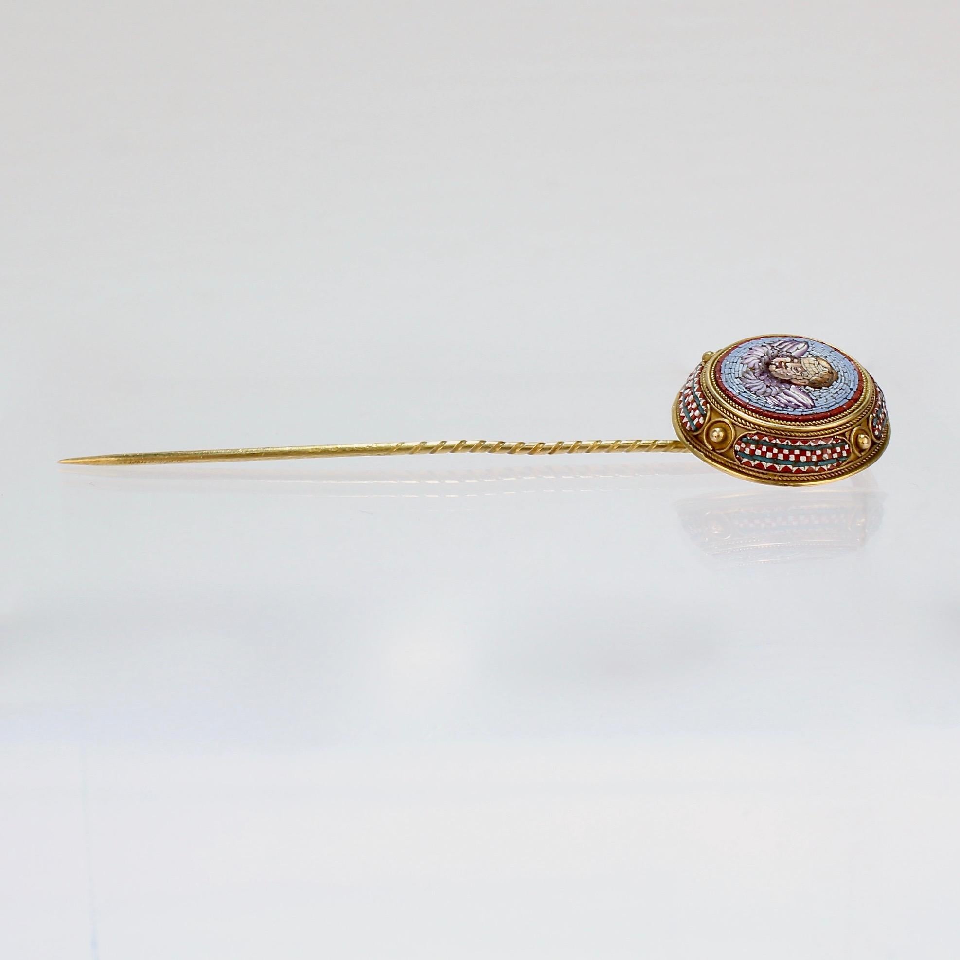 Antique Grand Tour 18 Karat Gold Etruscan Revival Micromosaic Stick Pin 1