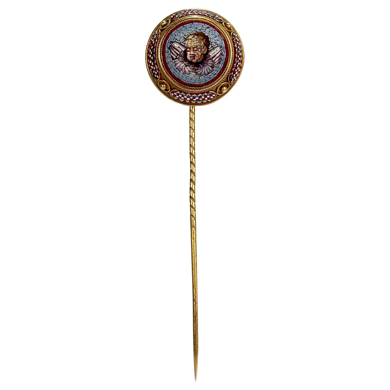 Antique Grand Tour 18 Karat Gold Etruscan Revival Micromosaic Stick Pin