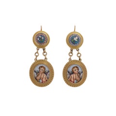 Antique Grand Tour 18k Yellow Gold Micromosaic Double Drop Earrings