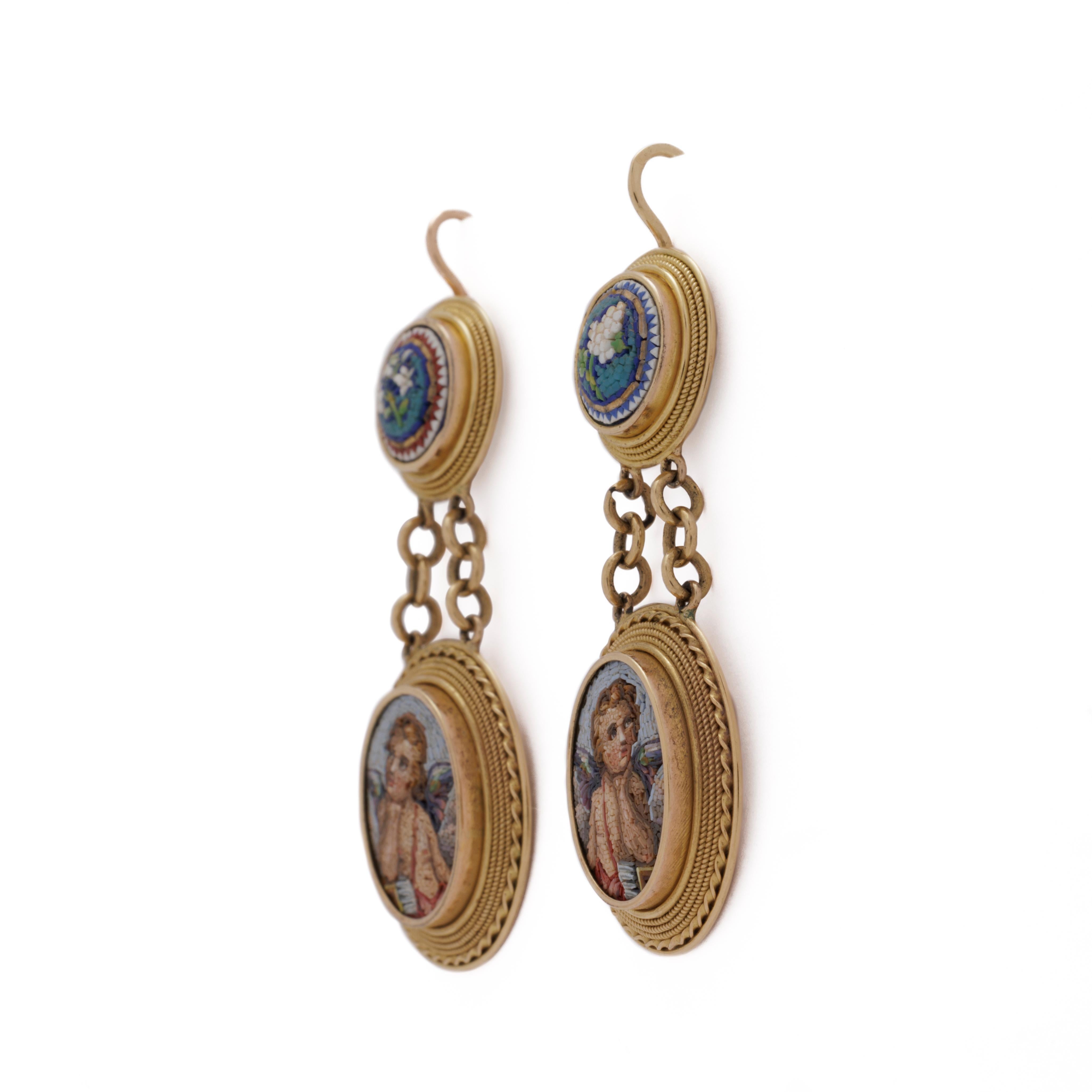 Victorian Antique Grand Tour 18k Yellow Gold Micromosaic Double Drop Earrings For Sale