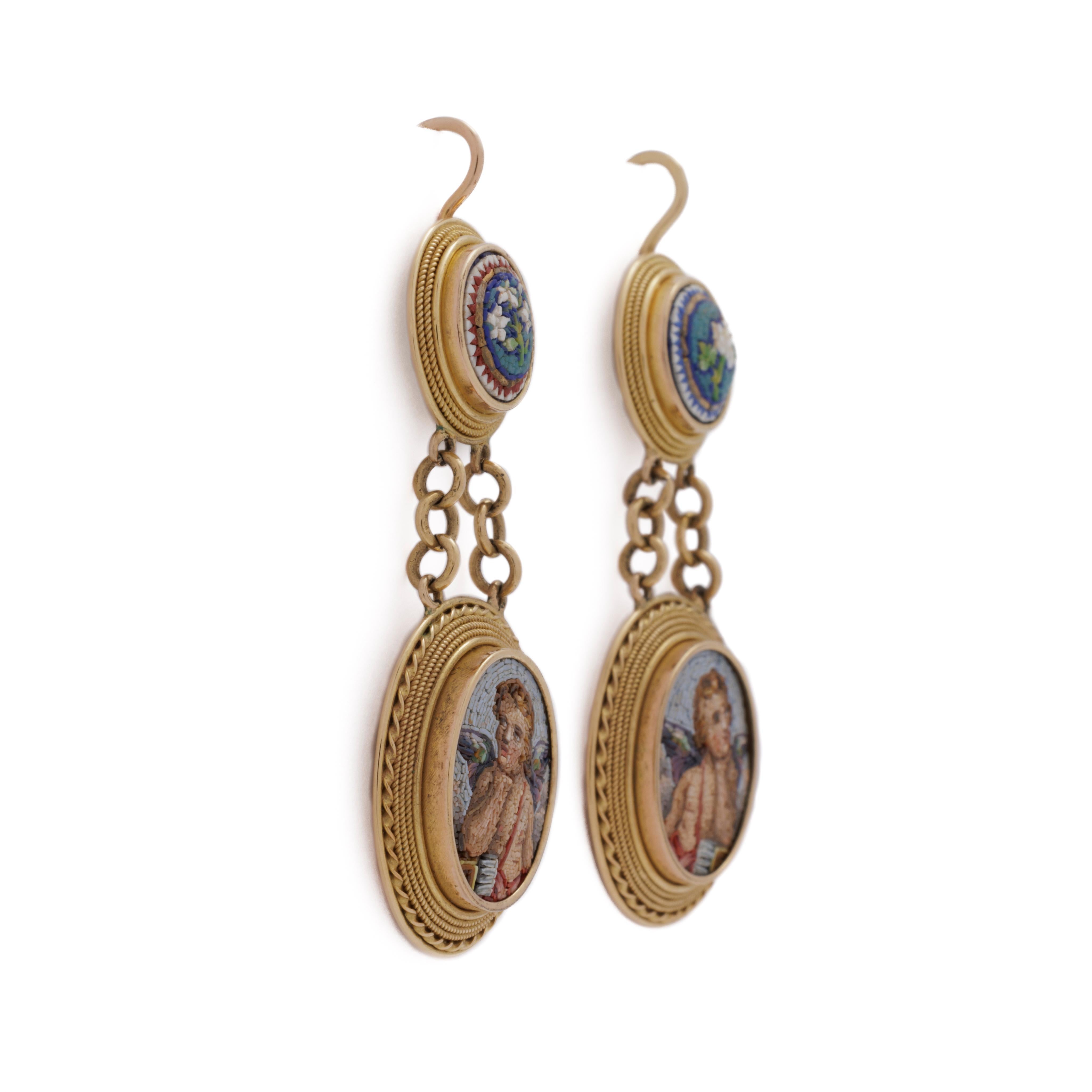 Women's or Men's Antique Grand Tour 18k Yellow Gold Micromosaic Double Drop Earrings For Sale