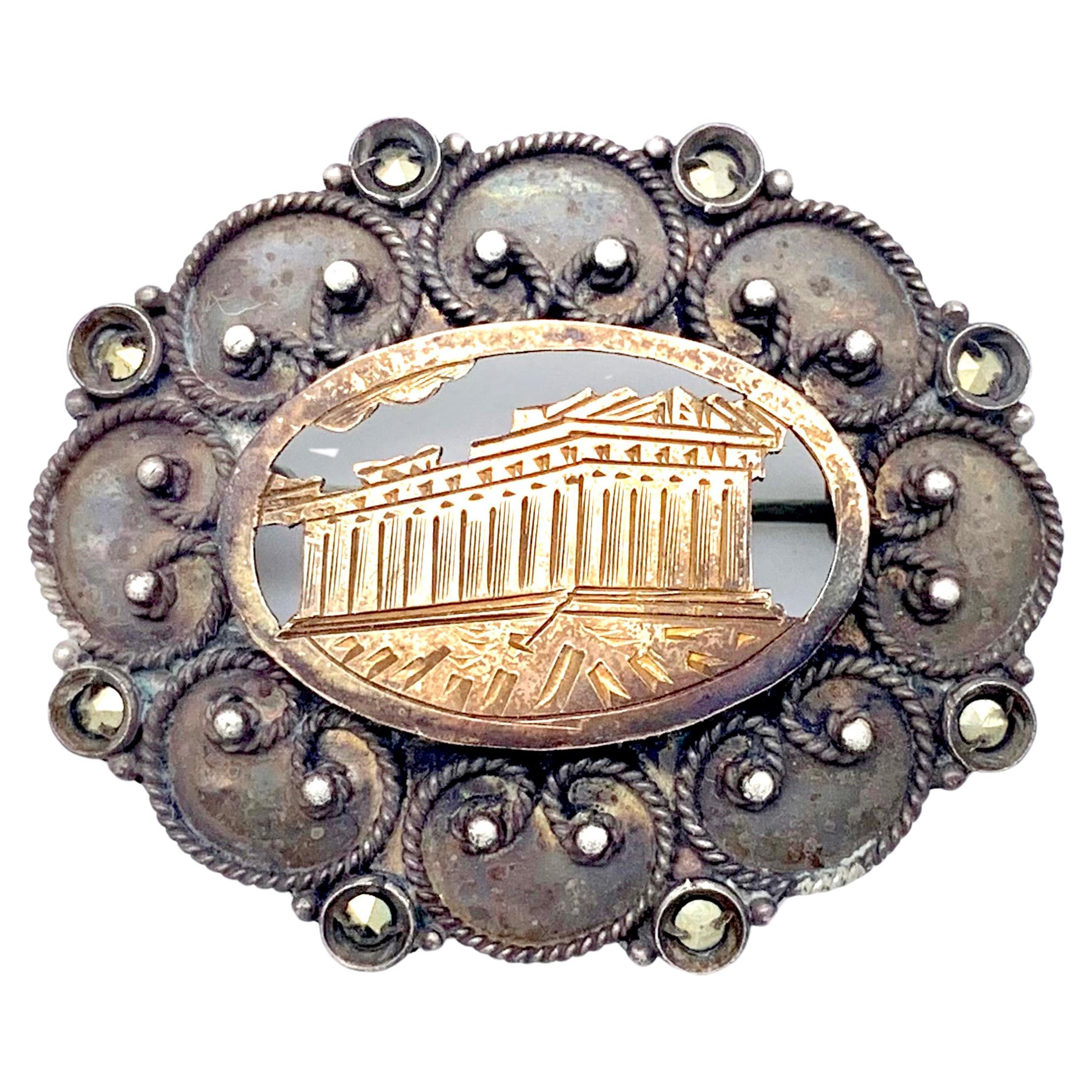 Antike Grand Tour Acropolis Parthenon Brosche Silber vergoldet  Körnung