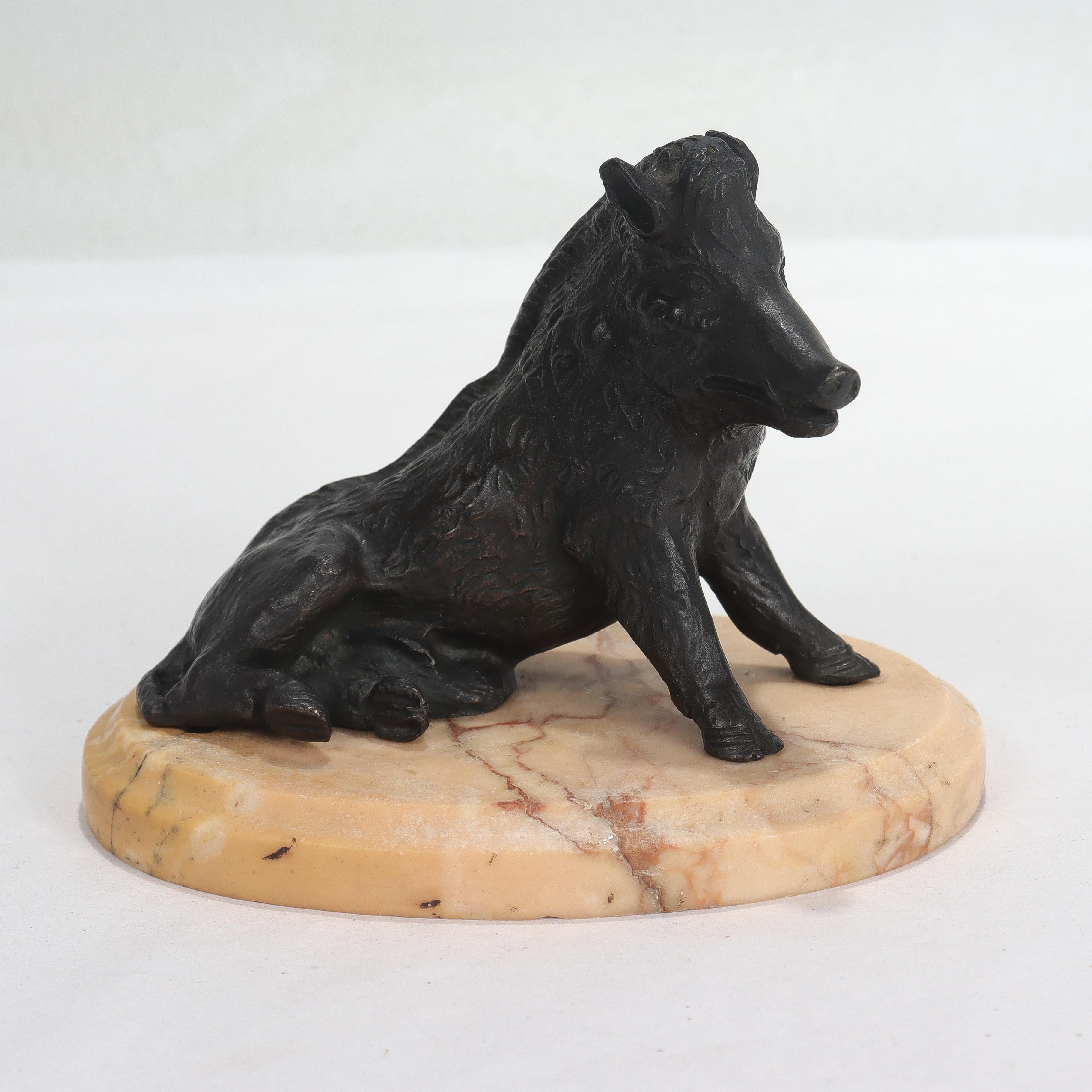 A fine antique Grand Tour bronze sculpture.

Depicting a seated boar on a pink Italian marble plinth. 

