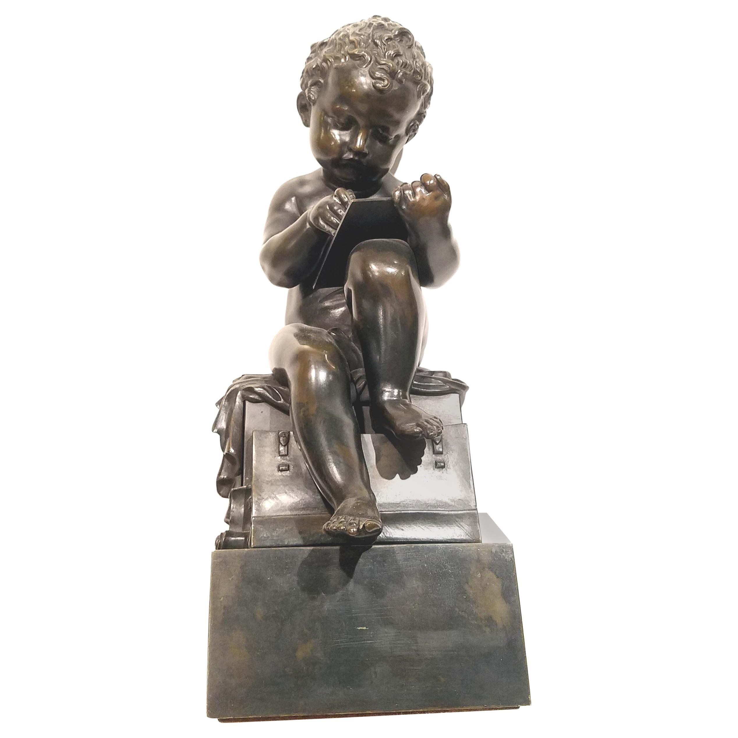 Antique Grand Tour Bronze of a Cherub Writing on a Tablet