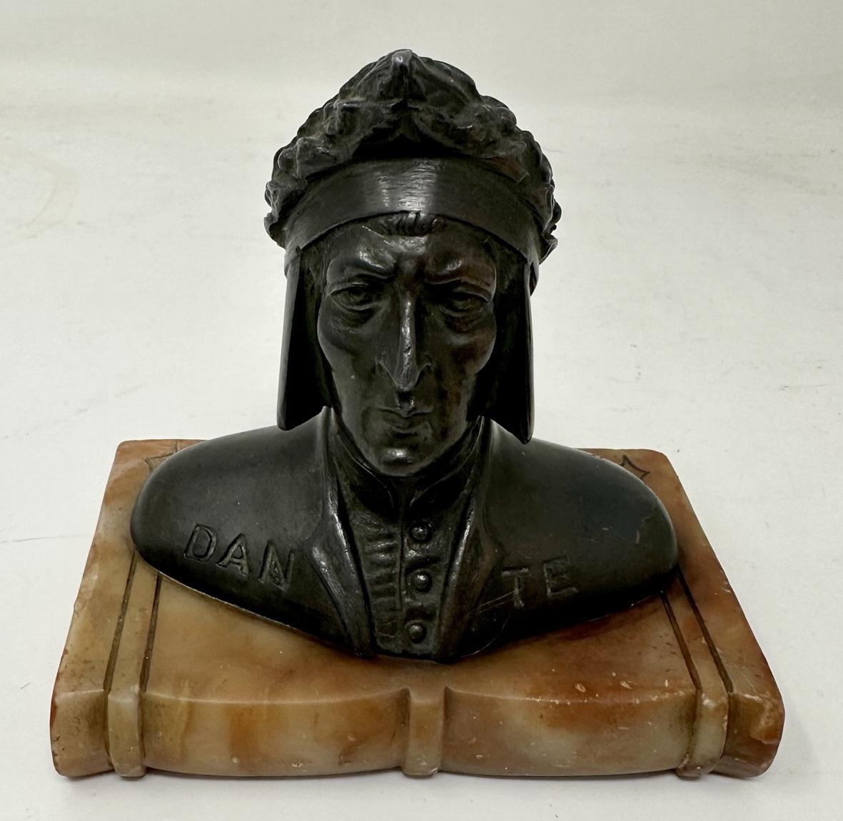 A Well Cast Patinated Bronze Example of a Bronze Bust of Italian Poet Dante Alighieri complete with its original creamy gold alabaster rectangular base, modelled as a hardback book. Early Nineteenth Century, Grand Tour period and possibly if Italian
