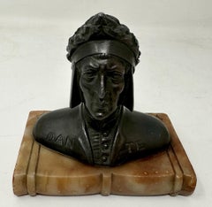 Antique Grand Tour Bronze Sculpture Bust of Dante Alighieri Alabaster Base 19Ct