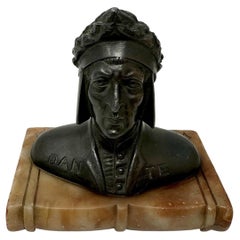 Antique Grand Tour Bronze Sculpture Bust of Dante Alighieri Alabaster Base 19Ct