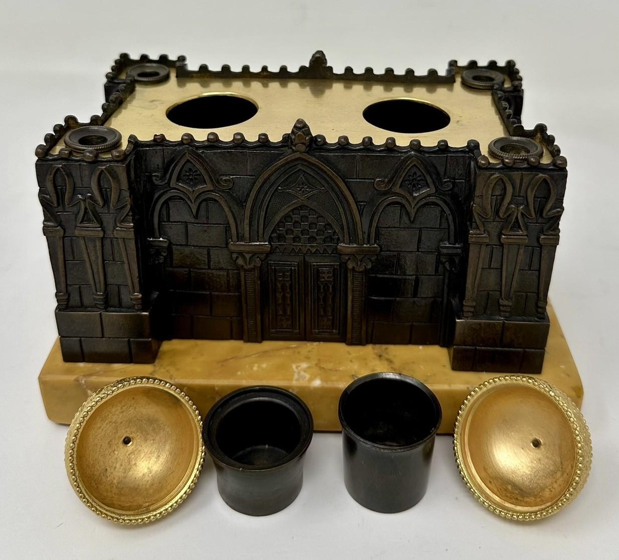 Antique Grand Tour French Bronze Desk Set Inkstand Church Cathedral Siena Marble For Sale 4