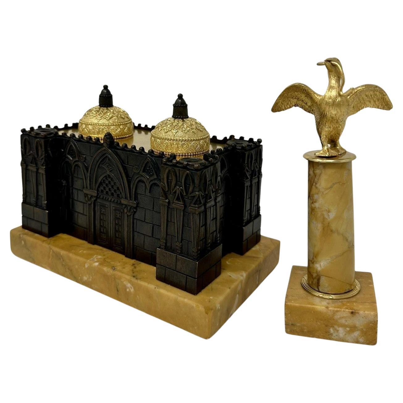 Antikes französisches Bronze-Schreibtisch-Set mit Tintenfass aus Kirchenkathedrale Siena-Marmor, Grand Tour im Angebot