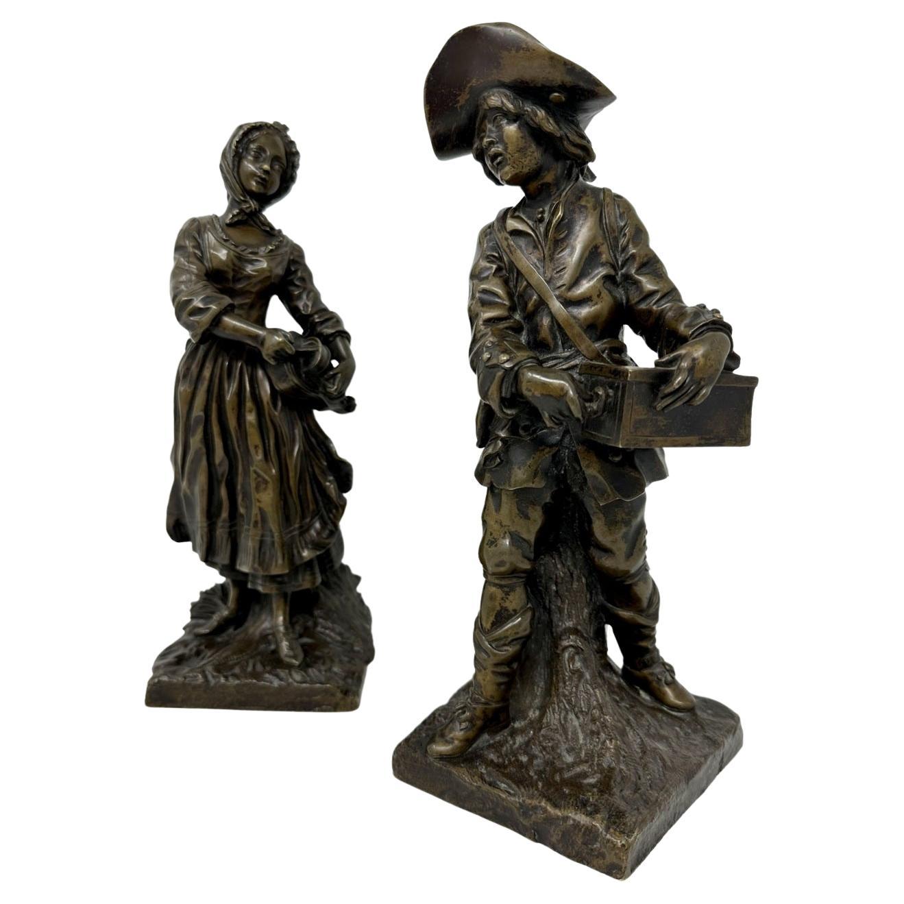 Ancienne sculpture française Grand Tour en bronze, figure masculine et féminine de Clodion Barbediene