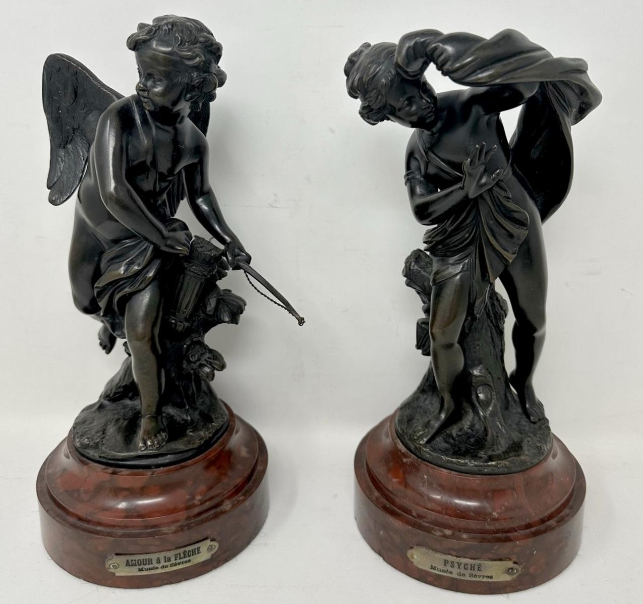 An exceptional example of a fine pair of chisel cast authentic French Sevres Patinated Bronze Figures in very dark brown patination. Last quarter of the 19th century. 

The standing male and female winged cherubs in period dress leaning beside a