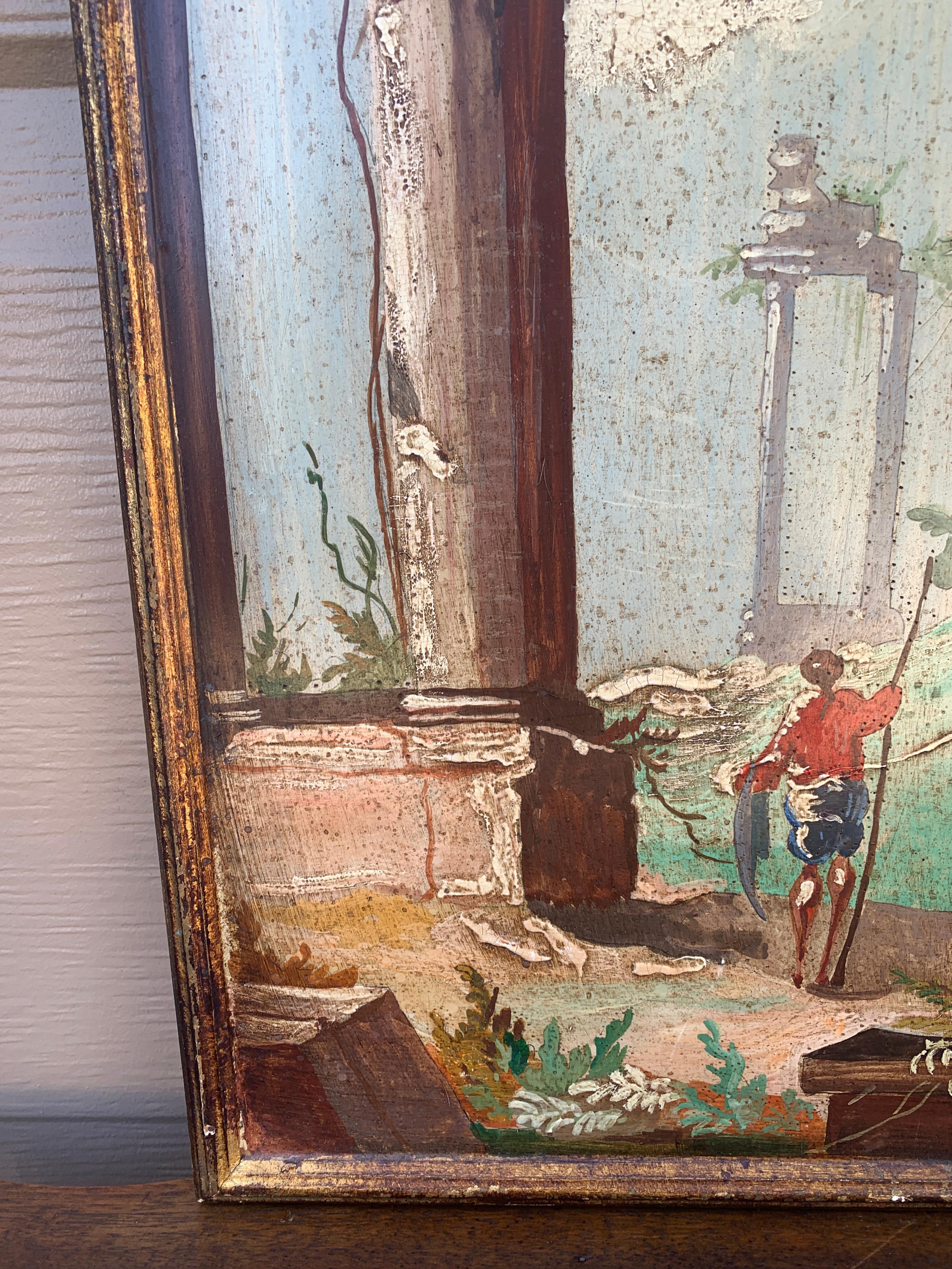 19th Century Antique Grand Tour Italian Capriccio Framed Oil on Board Painting of a Landscape For Sale