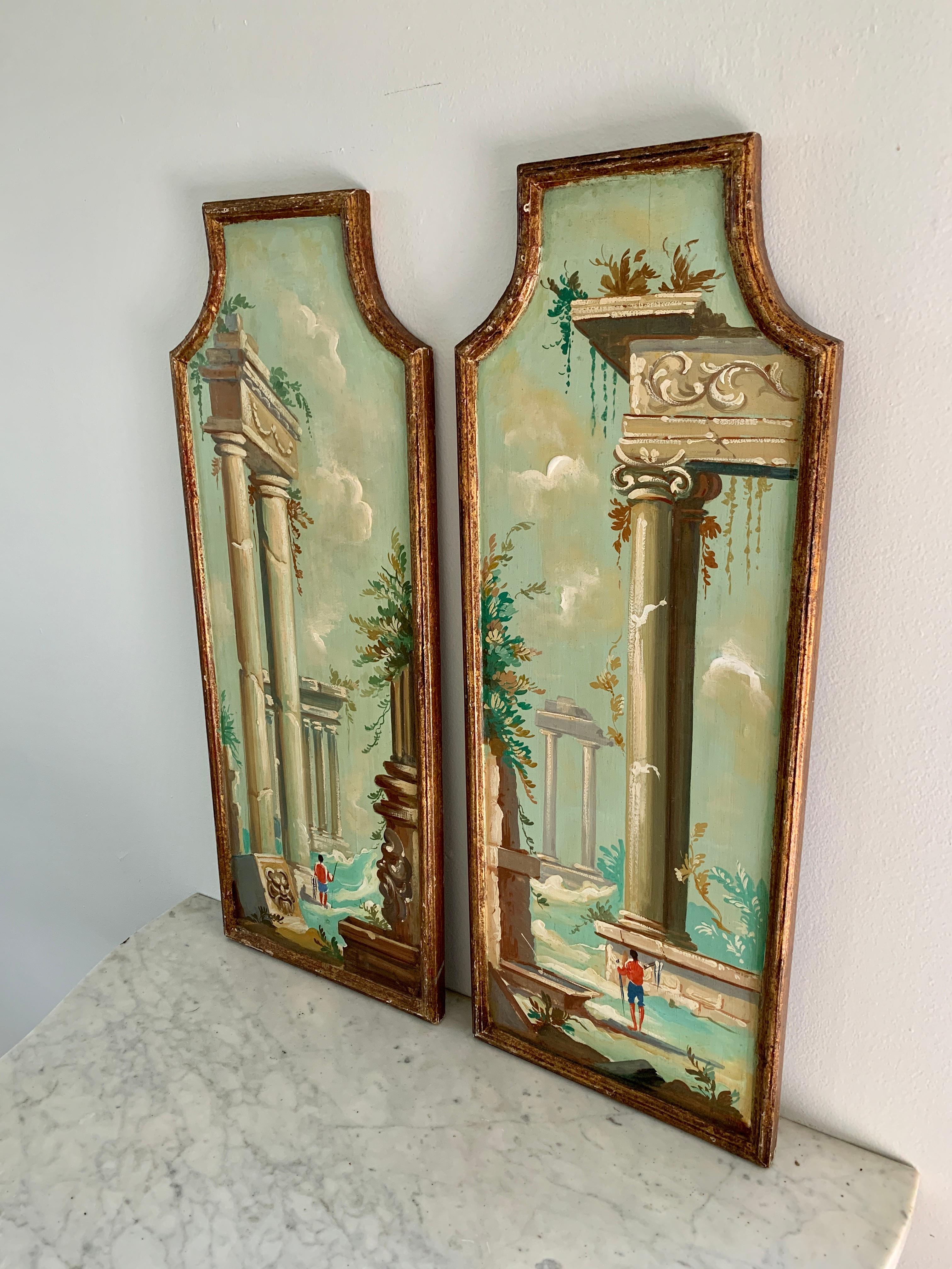 A gorgeous pair of Grand Tour or Neoclassical style framed oil paintings of an Italian Capriccio landscape with ruins

Italy, Early Century

Oil on board, gilt frame

Measures: 10.25