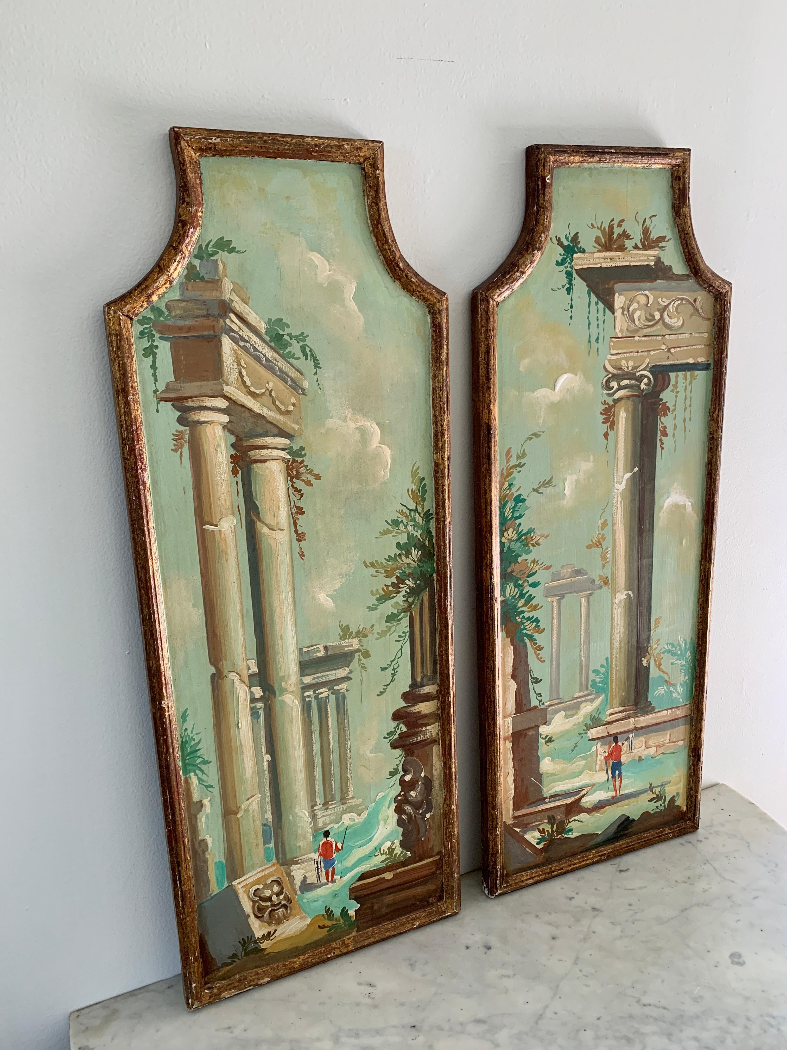 Antique Grand Tour Italian Capriccio Framed Oil on Board Paintings of a Landscap In Good Condition For Sale In Elkhart, IN