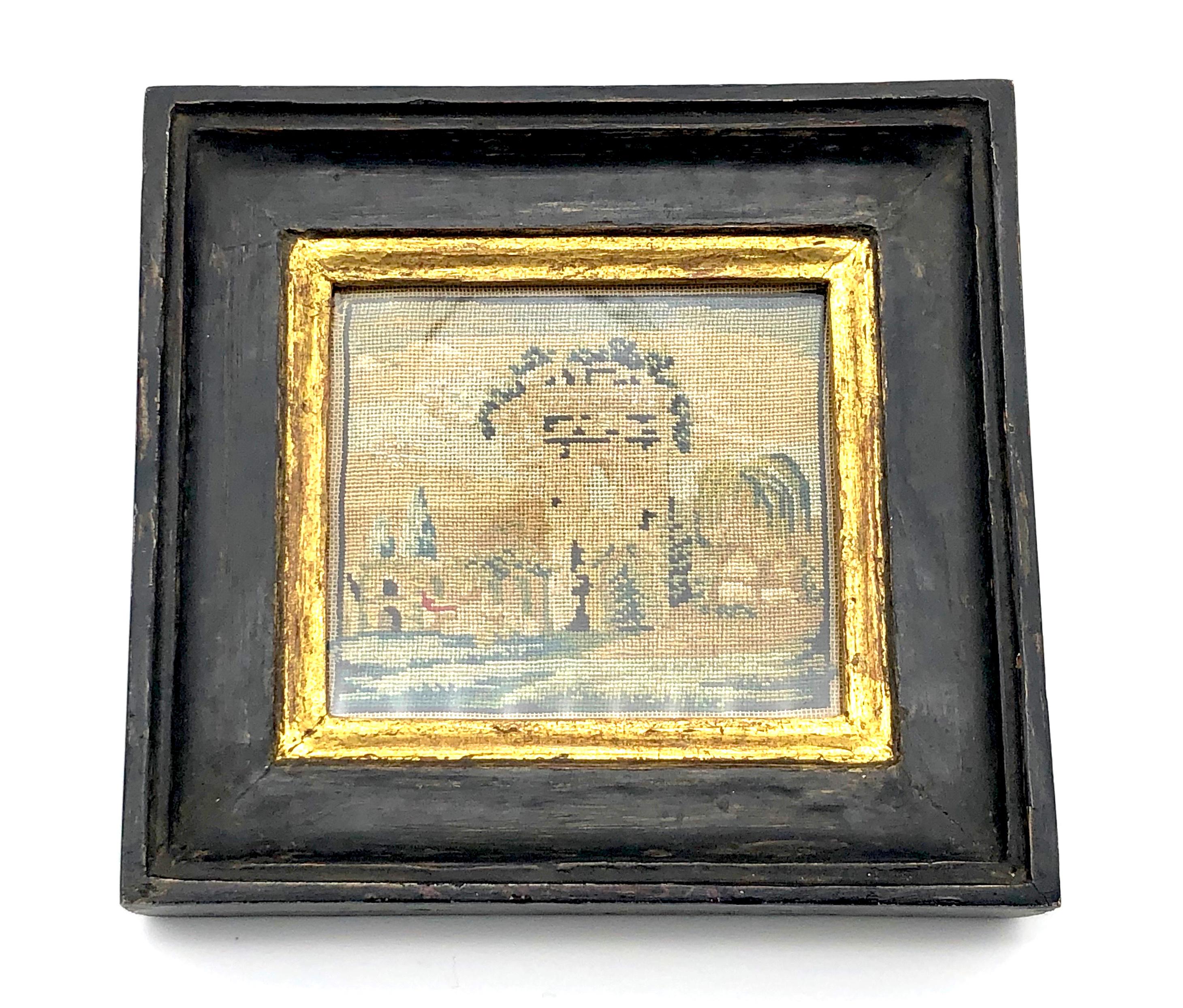 This is a rare embroidered Grand Tour souvenir of an italian landscape with archutectural motifs.
This beautiful miniature embroidery is in good order, although the colours have slightly faded in the coure of nearly 230 years.