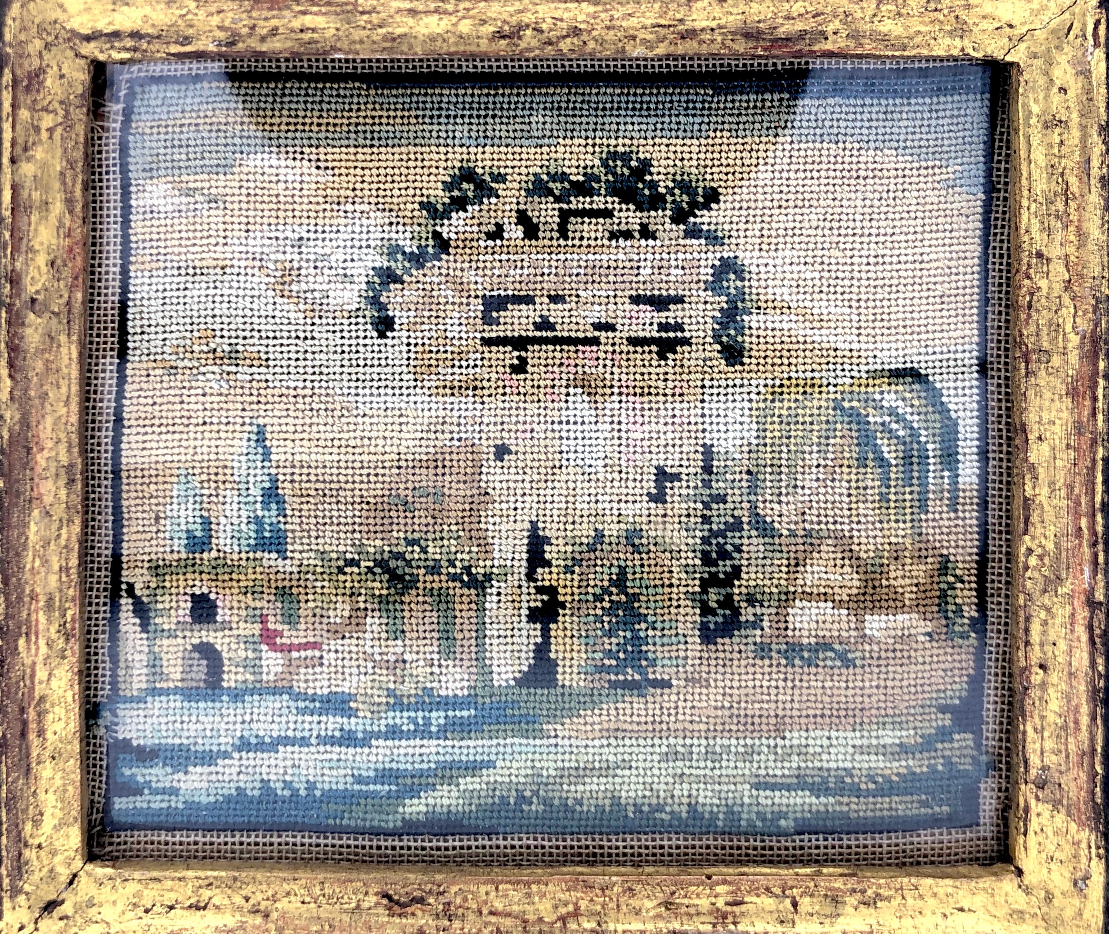 Late 18th Century Antique Grand Tour Italy Miniature Landscape Monuments Campagna Embroidery For Sale