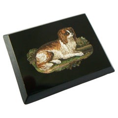 Antike Grand Tour „King Charles Spaniel“ Mikro-Mosaikplakette, Italien, um 1850