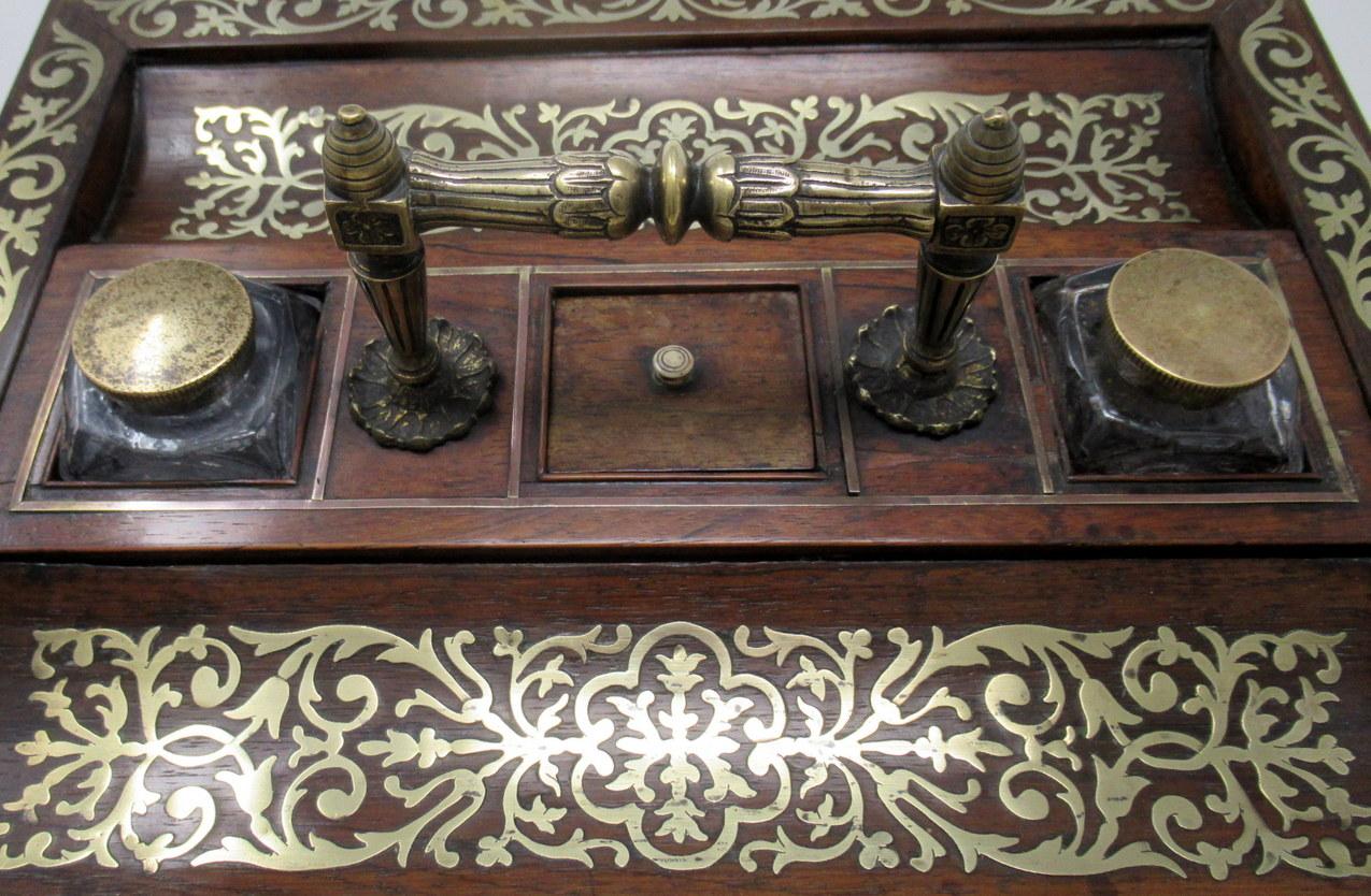 Antike Grand Tour Mahagoni Messing Intarsien Schreibtisch Set Tintenfass Englisch Regency 19Ct im Angebot 6