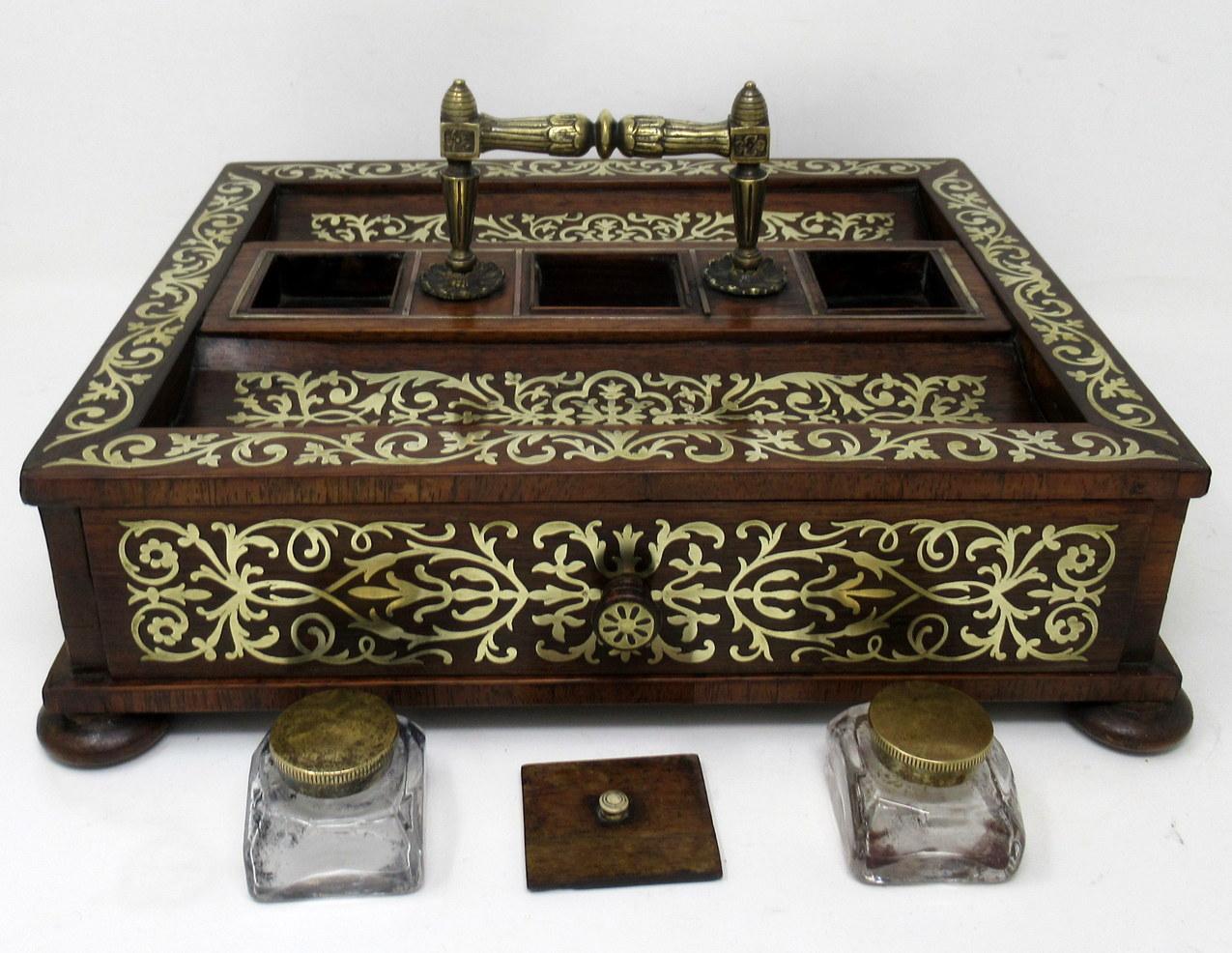 Antike Grand Tour Mahagoni Messing Intarsien Schreibtisch Set Tintenfass Englisch Regency 19Ct im Angebot 7